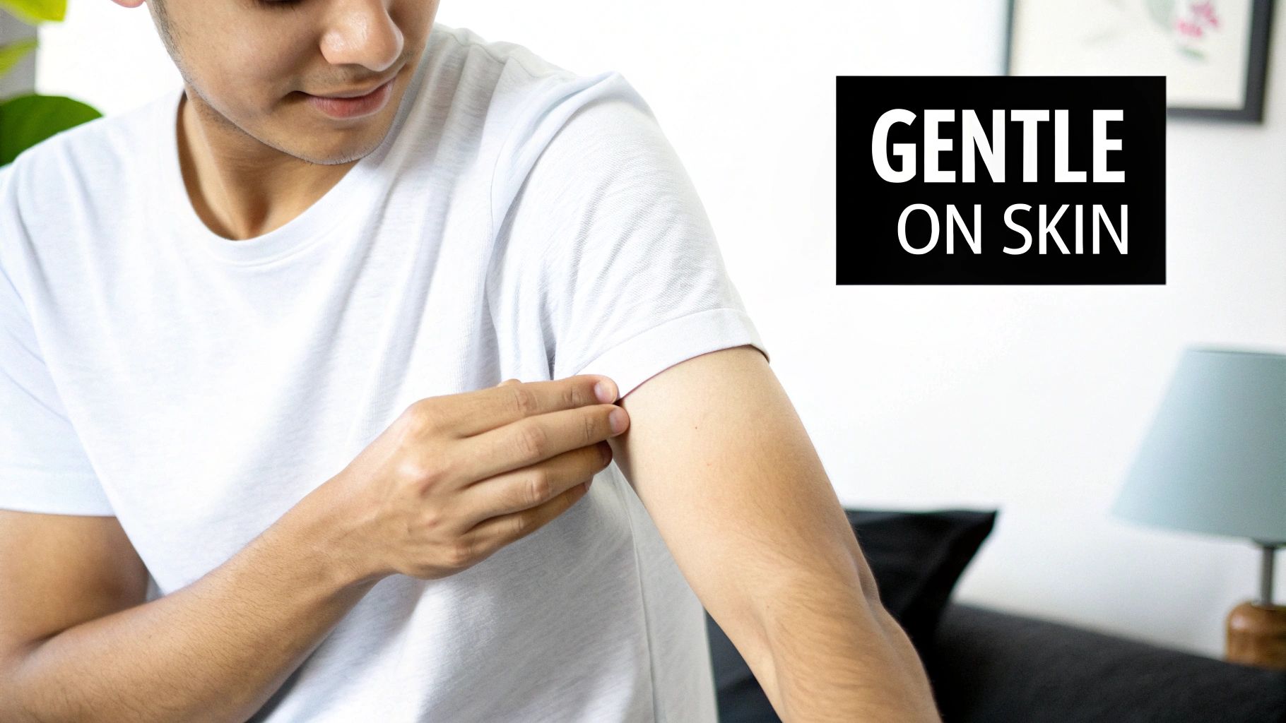 A young man in a white t-shirt gently touches his arm, emphasizing 'GENTLE ON SKIN'.