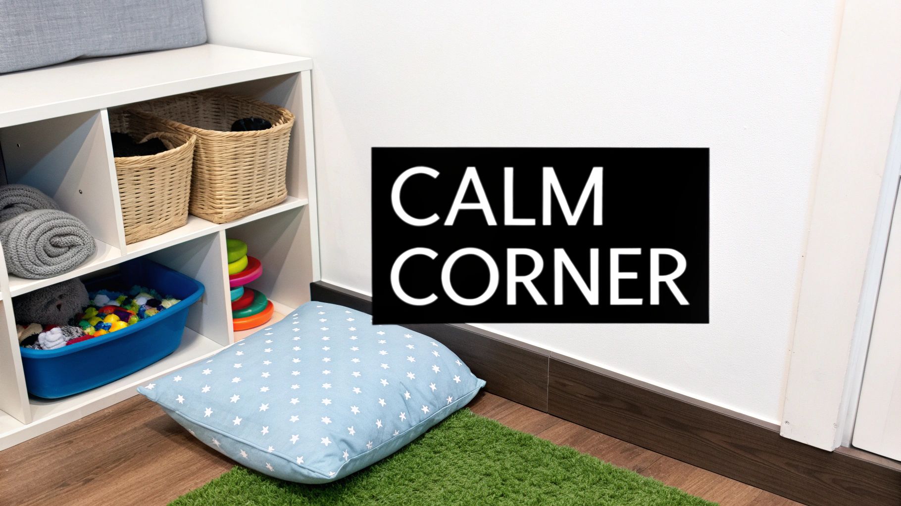 Calm corner space with cushion, storage shelves, and sensory toys for emotional regulation