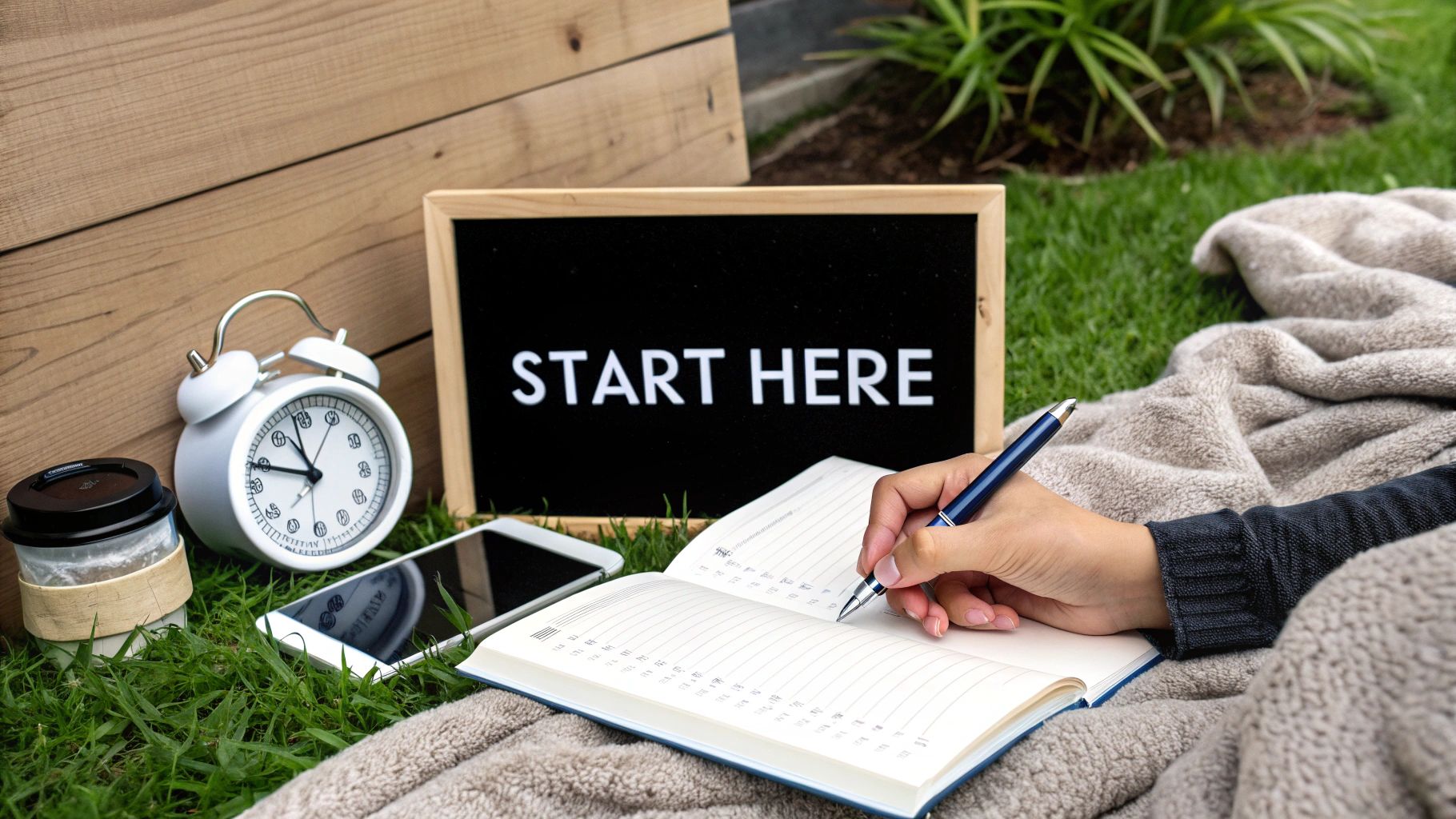 A woman sitting in a comfortable chair, peacefully writing in a journal with a cup of tea nearby.