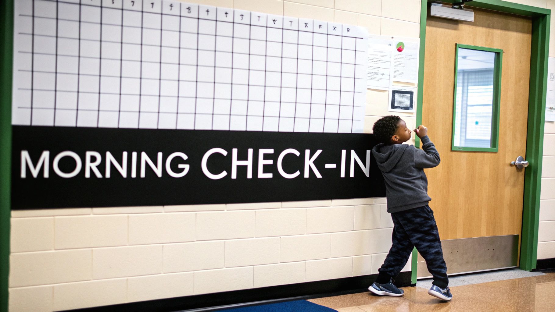 Children interacting with a feelings chart in a classroom setting.