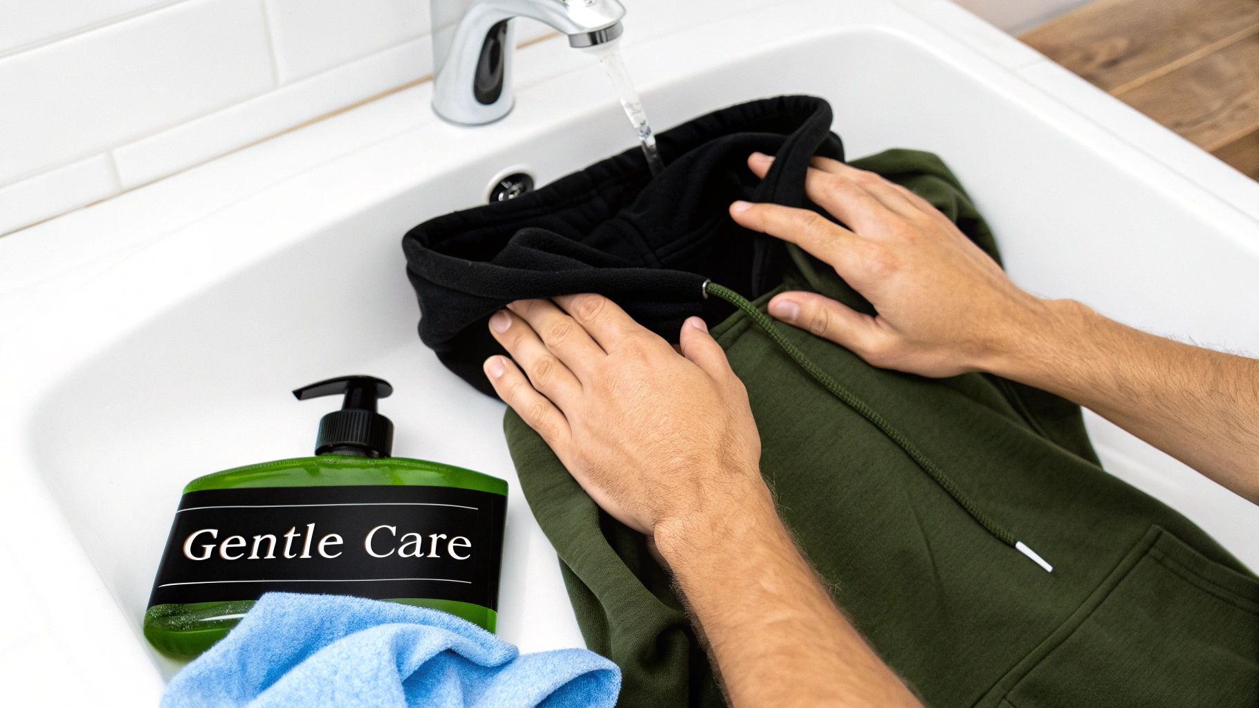 Hands gently washing a green and black hoodie in a sink with running water and 'Gentle Care' soap.