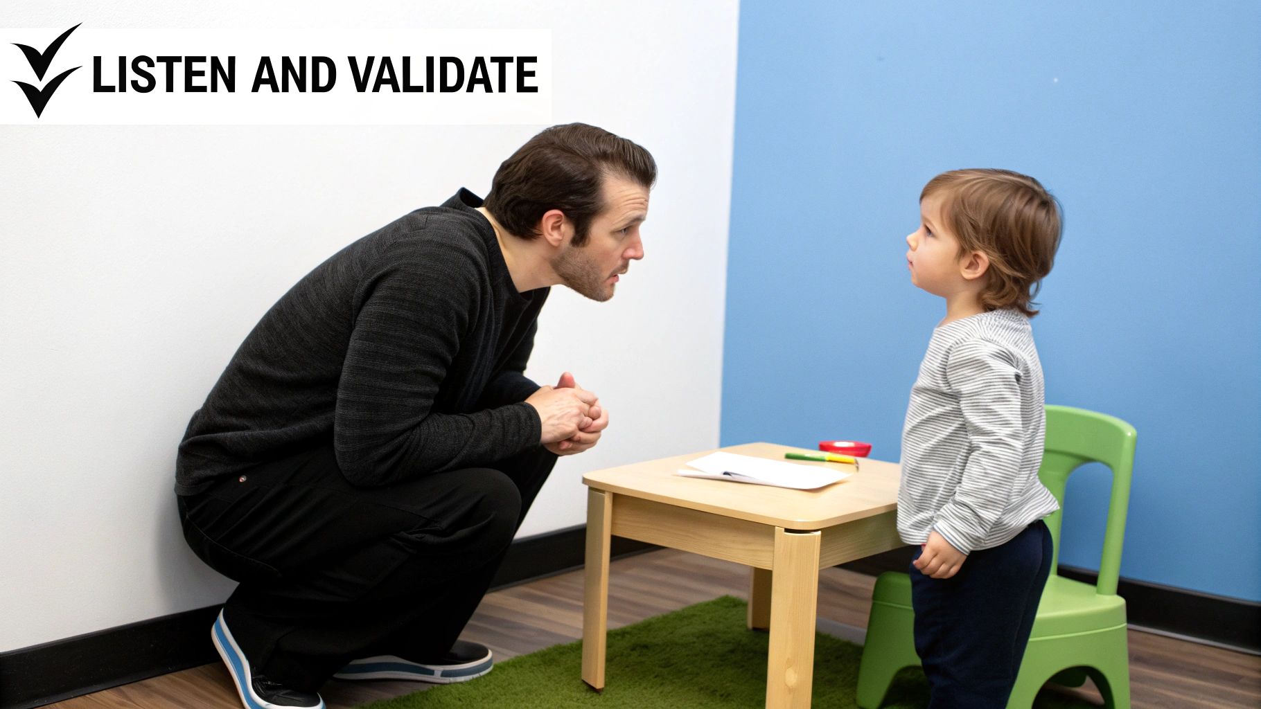 Caring adult actively listens to a child at their eye level in a supportive interaction.