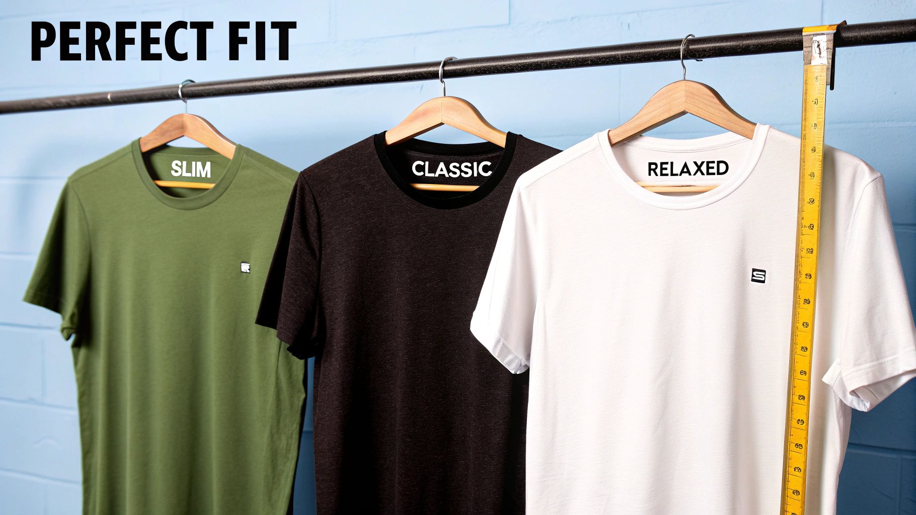 Three men's t-shirts: slim green, classic black, and relaxed white, showing perfect fit options.