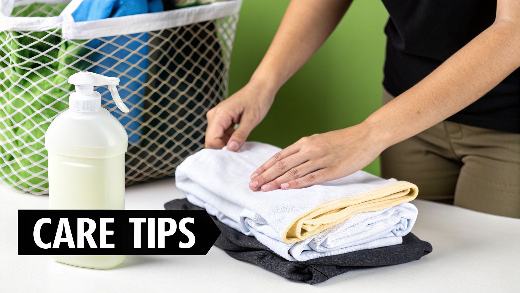 Hands folding freshly washed cotton tee shirts, with a spray bottle and laundry basket in the background, featuring a 'CARE TIPS' overlay.