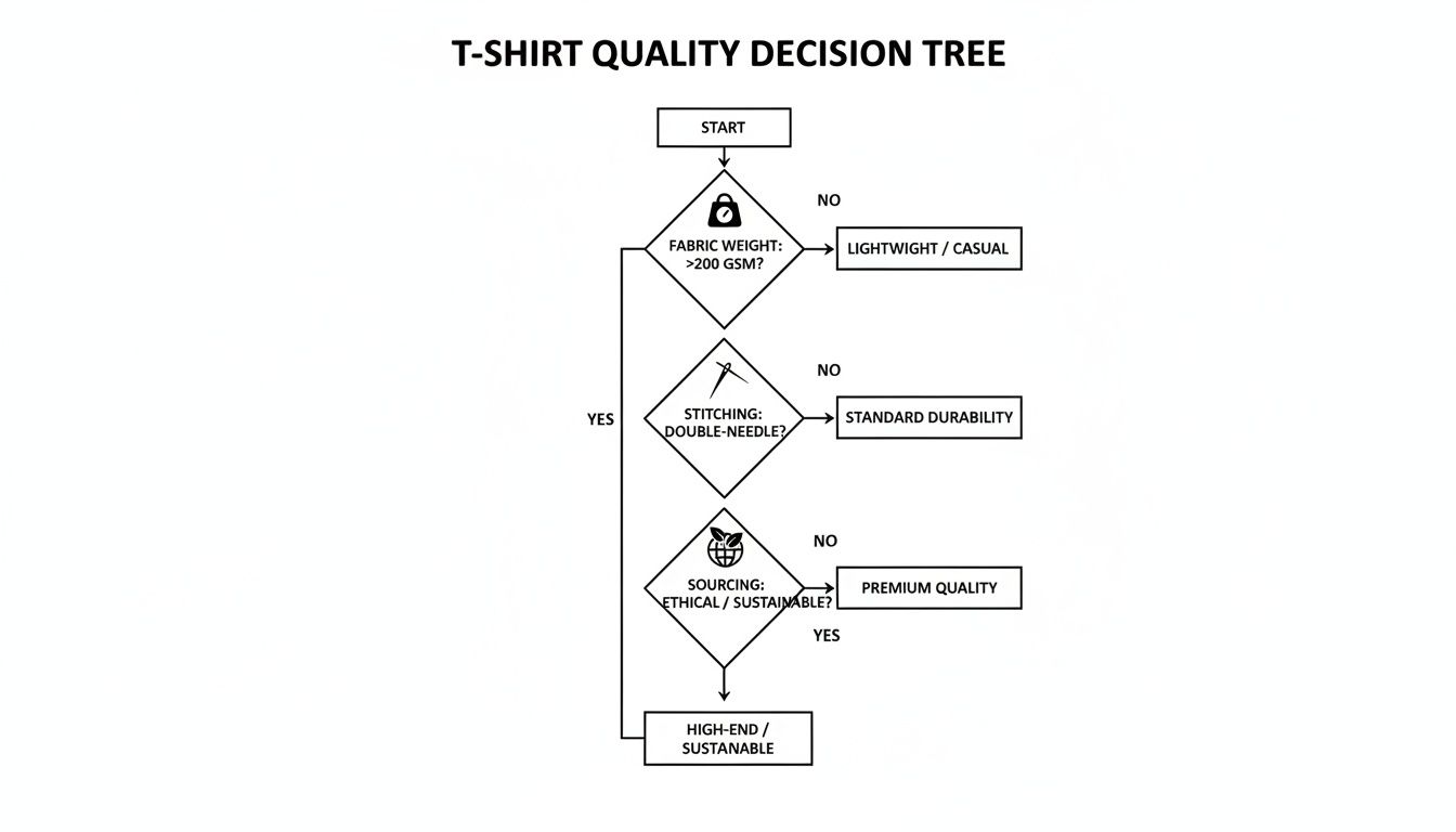 A T-shirt quality decision tree flowchart evaluating fabric weight, stitching, and ethical sourcing for different quality levels.