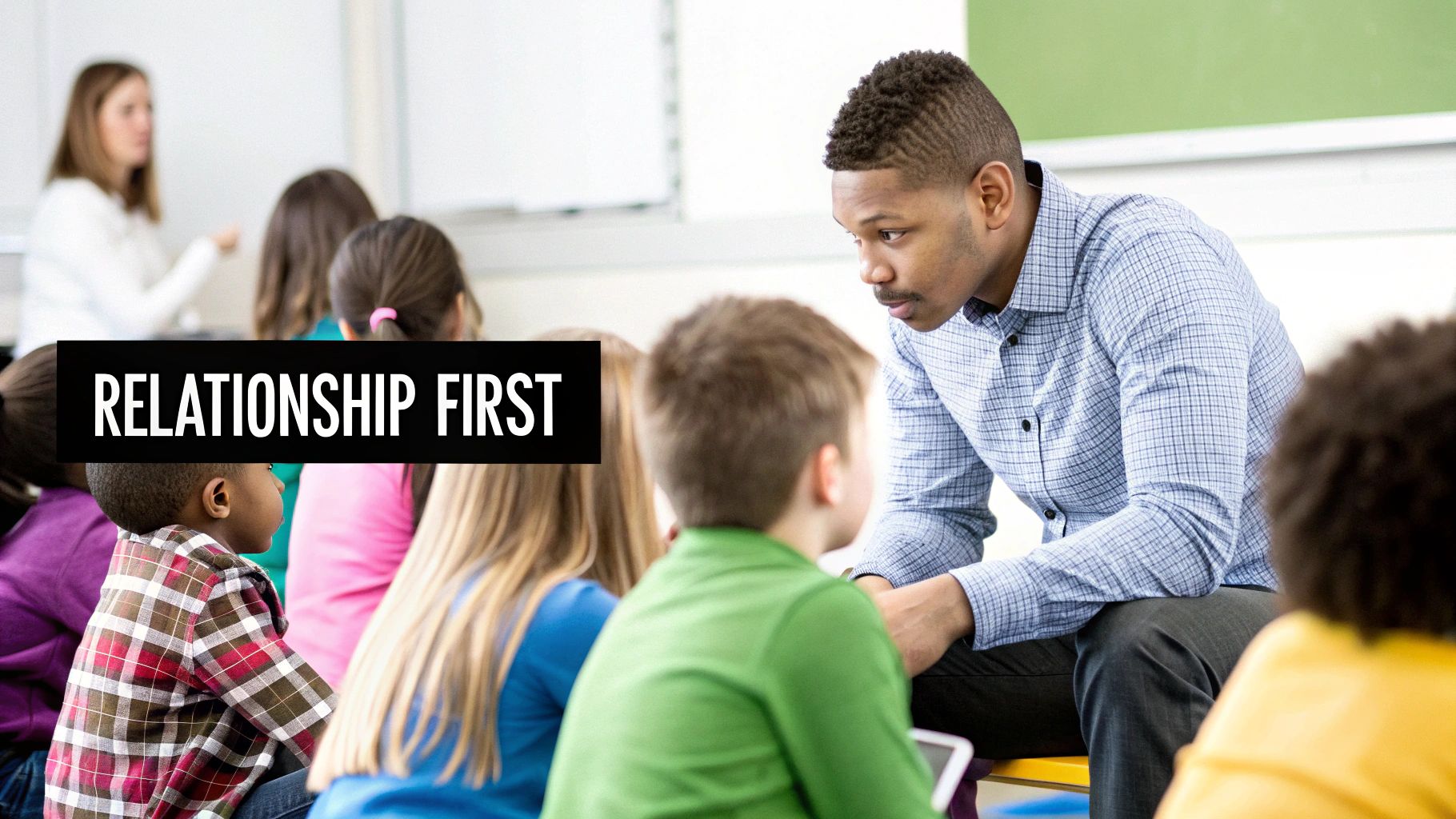 A group of young students sitting in a circle on a colourful rug, participating in a classroom discussion.