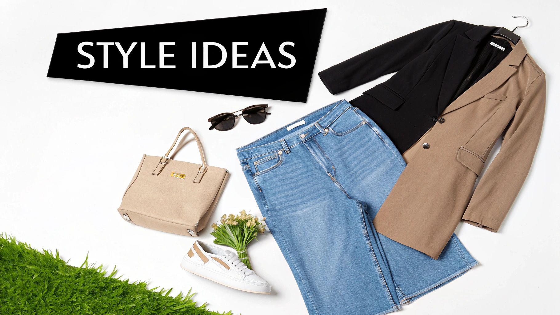 Flat lay of blue jeans, black and tan blazers, a handbag, sneakers, sunglasses, and flowers.