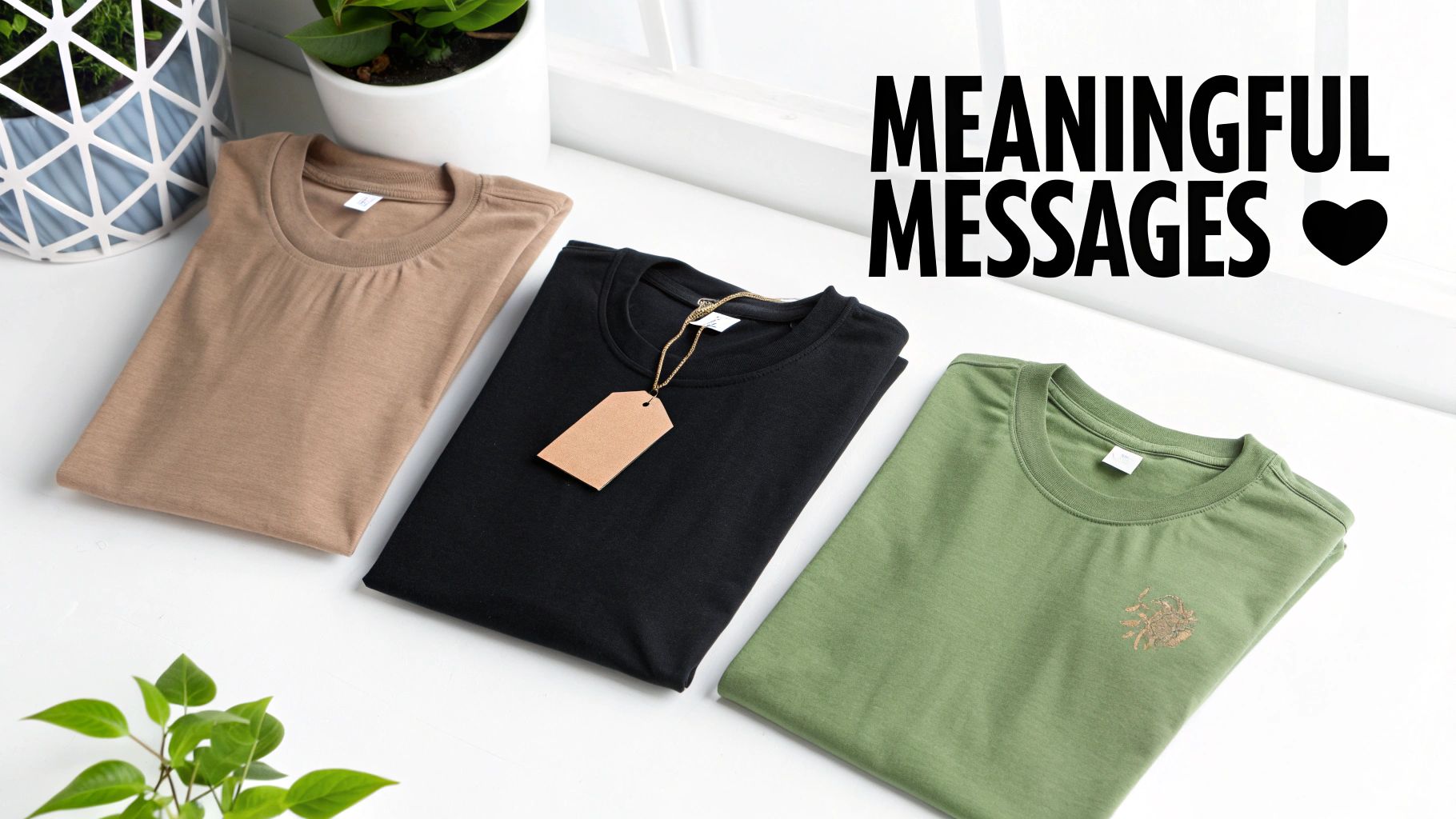 Three neatly folded t-shirts in beige, black, and green, displayed with a 'Meaningful Messages' text overlay.