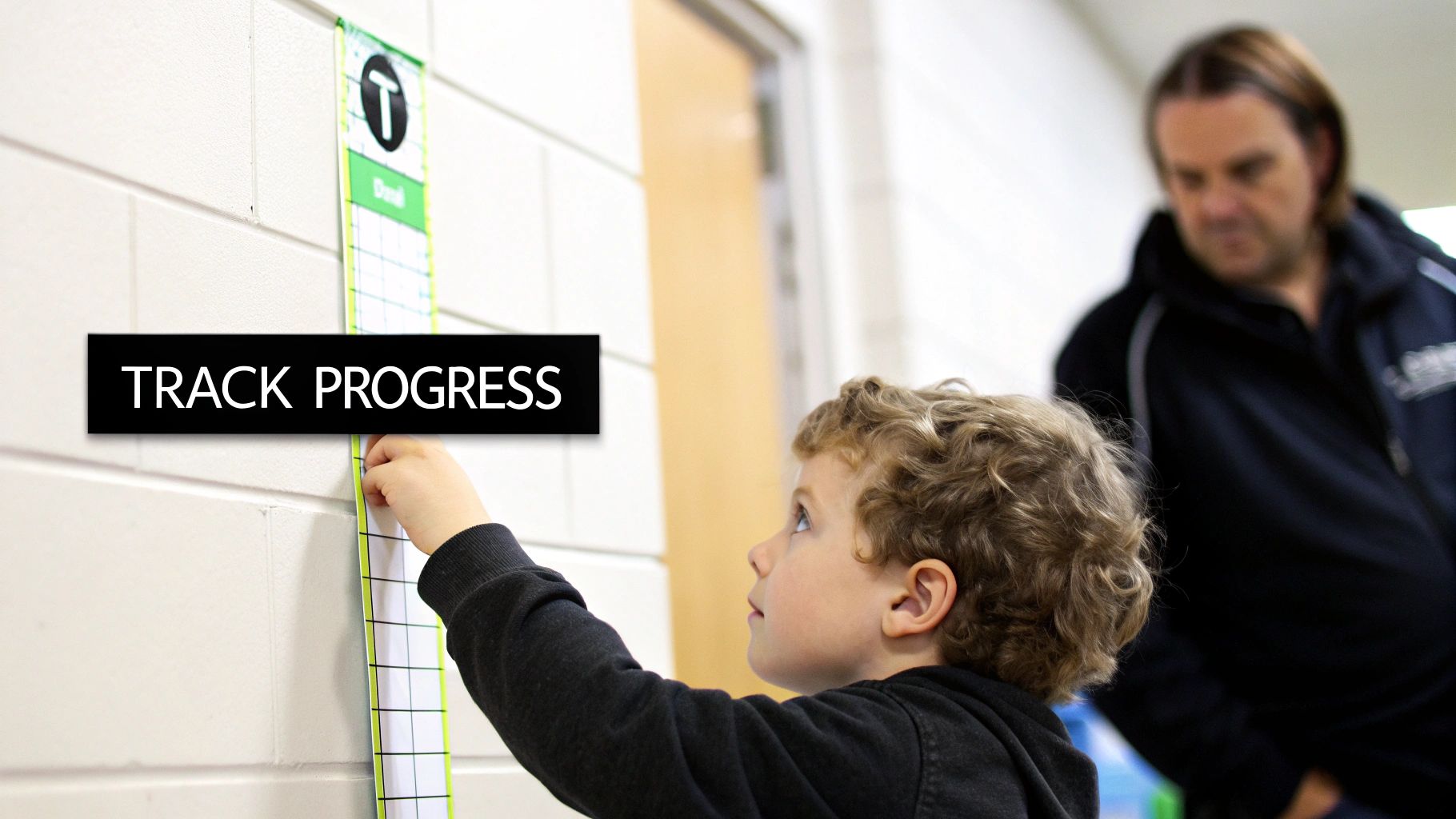 A young boy with curly hair tracks his progress on a green and white chart on a wall, an adult supervising.