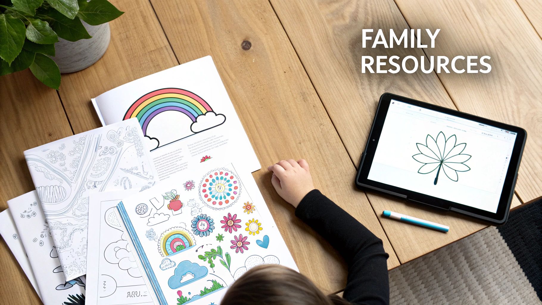 A child's hand colors in books and interacts with a tablet showing a lotus, with "Family Resources" text.
