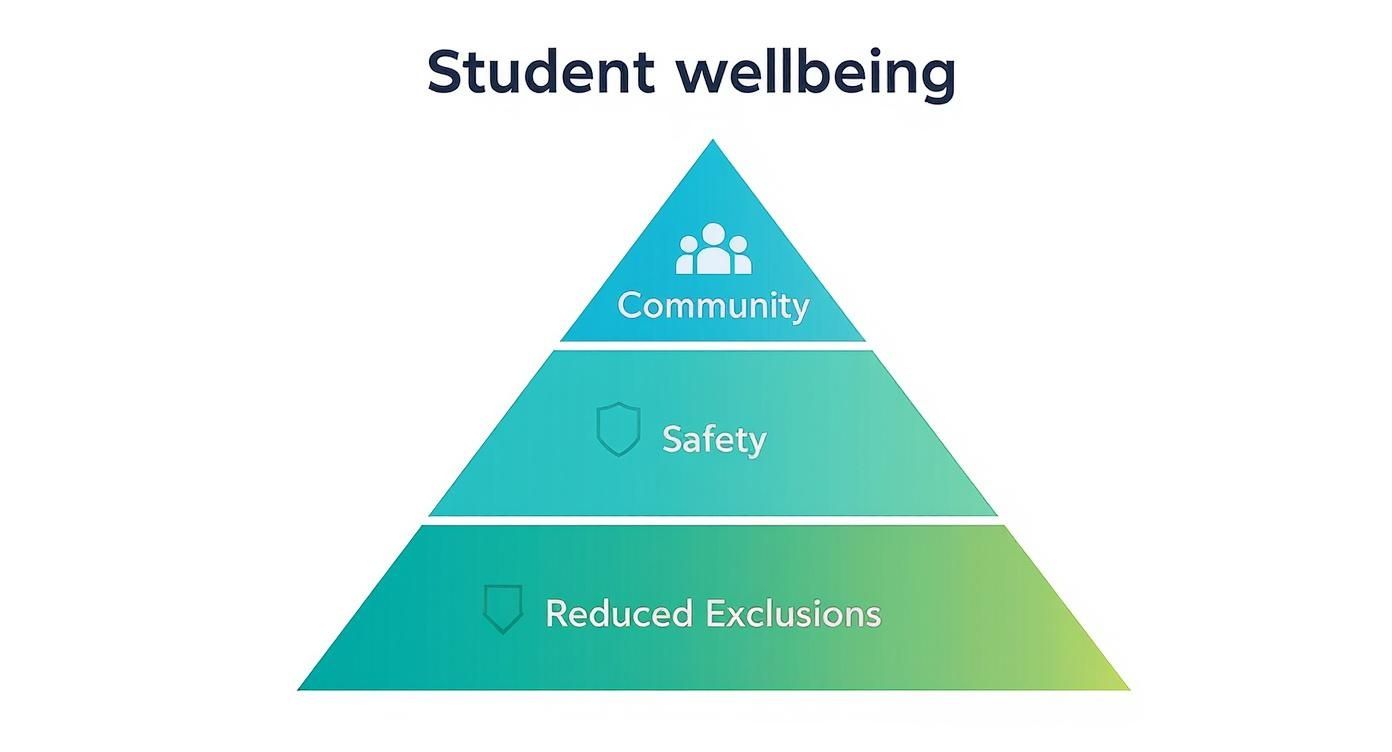 Infographic about restorative practices in schools showing a 3-tier pyramid: Community at the base, Safety in the middle, and Reduced Exclusions at the top.