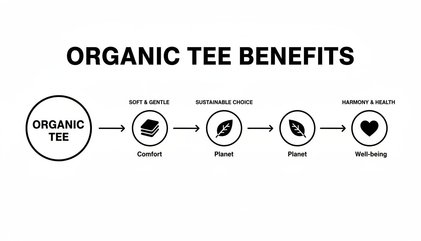 Flowchart outlining the benefits of organic tee shirts: comfort, planet, and well-being.