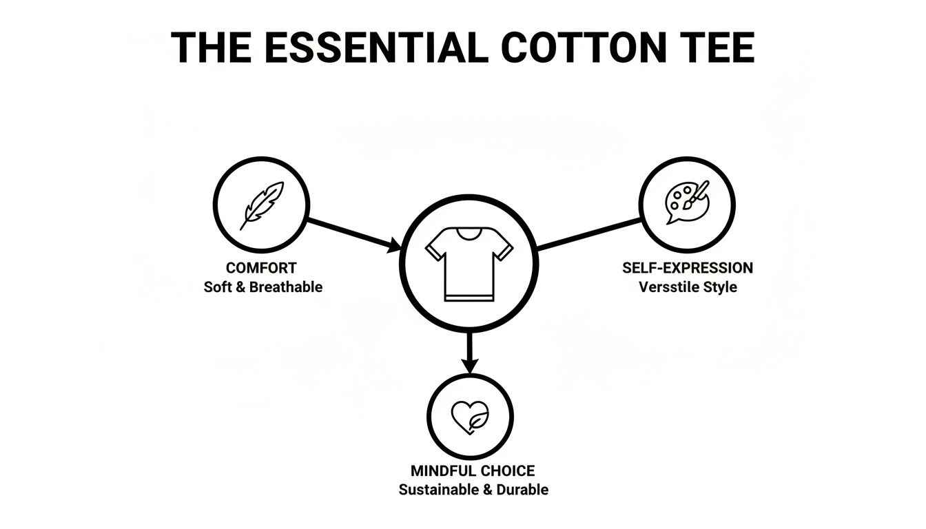 Diagram illustrating the benefits of an essential cotton tee: comfort, self-expression, and mindful choice.