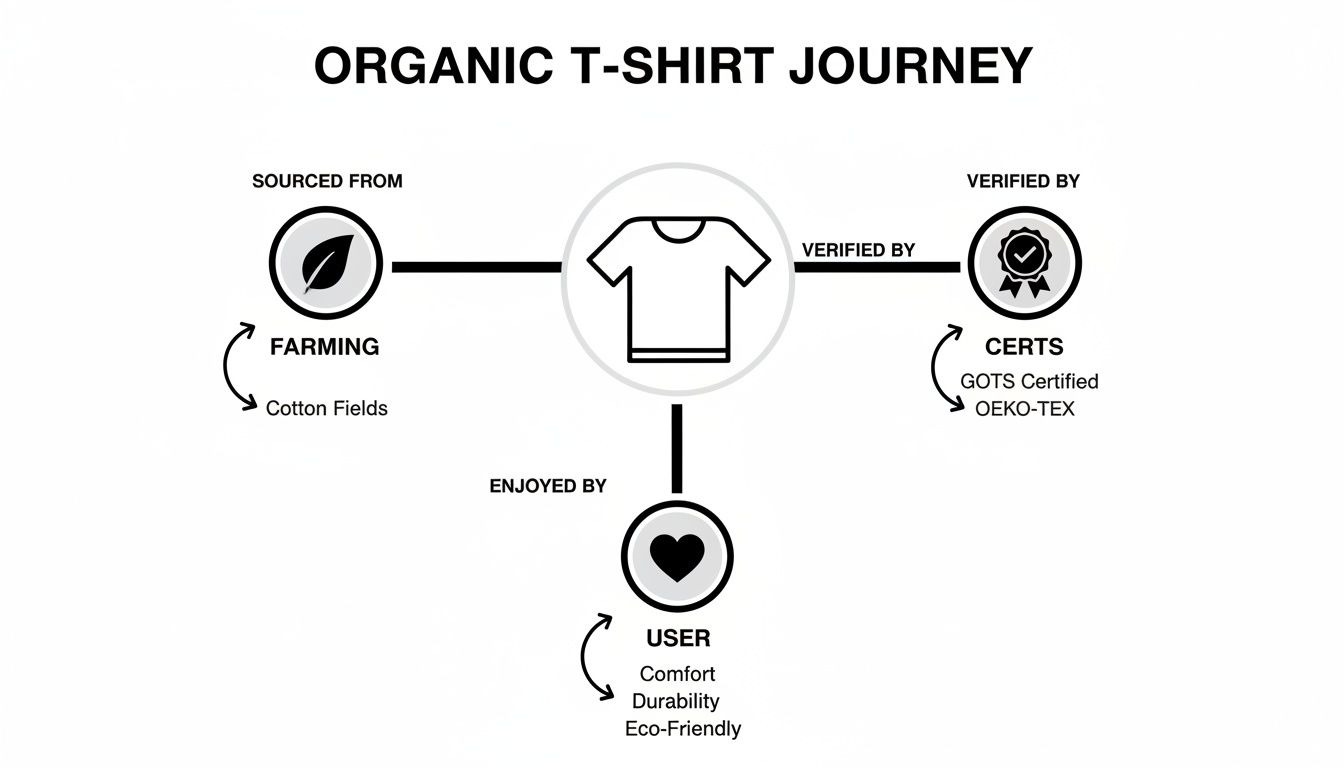 Infographic: The journey of an organic T-shirt, from cotton farming, certified quality, to user benefits.