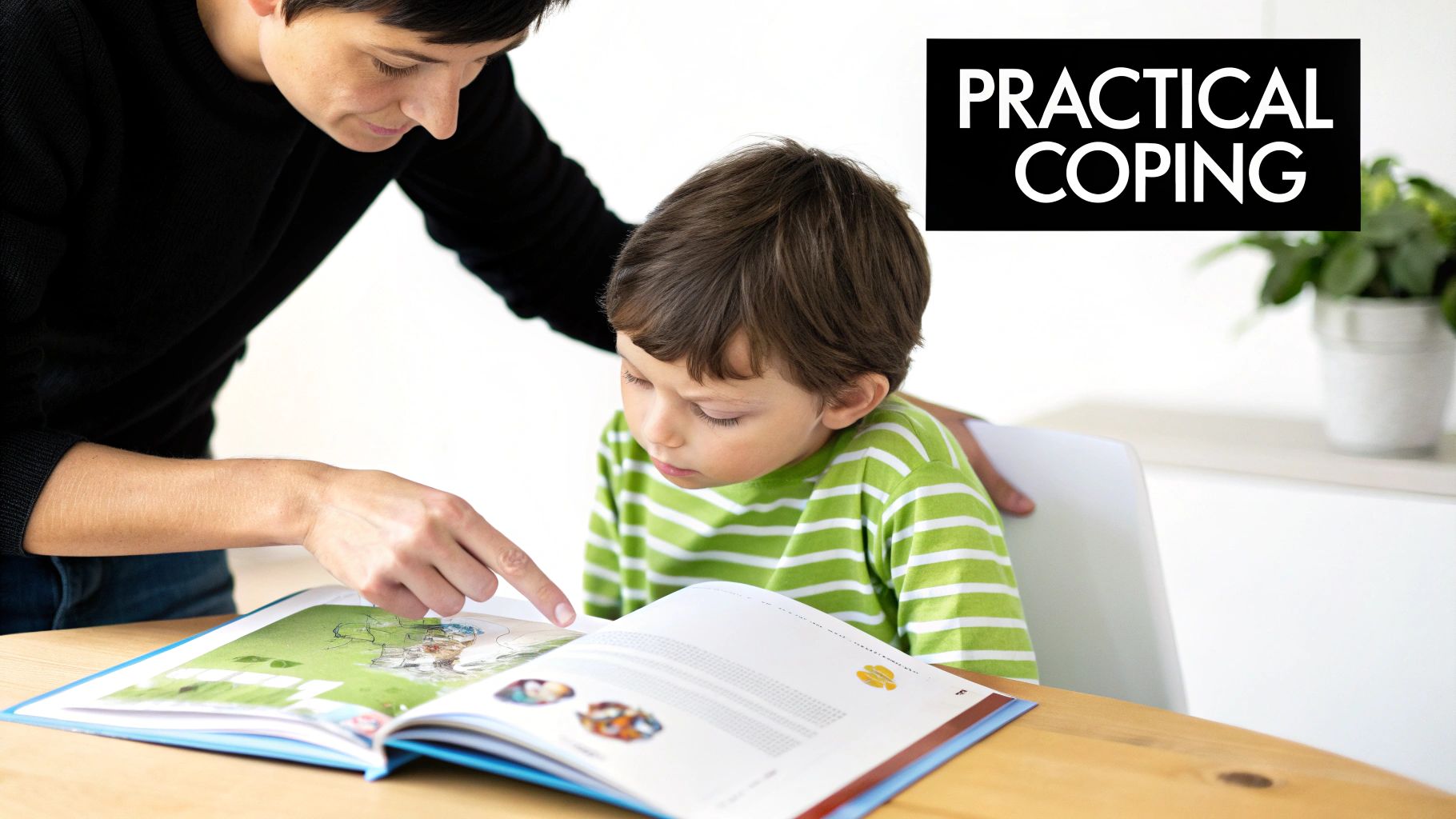 A child and a parent sitting together reading a book that has colourful illustrations.