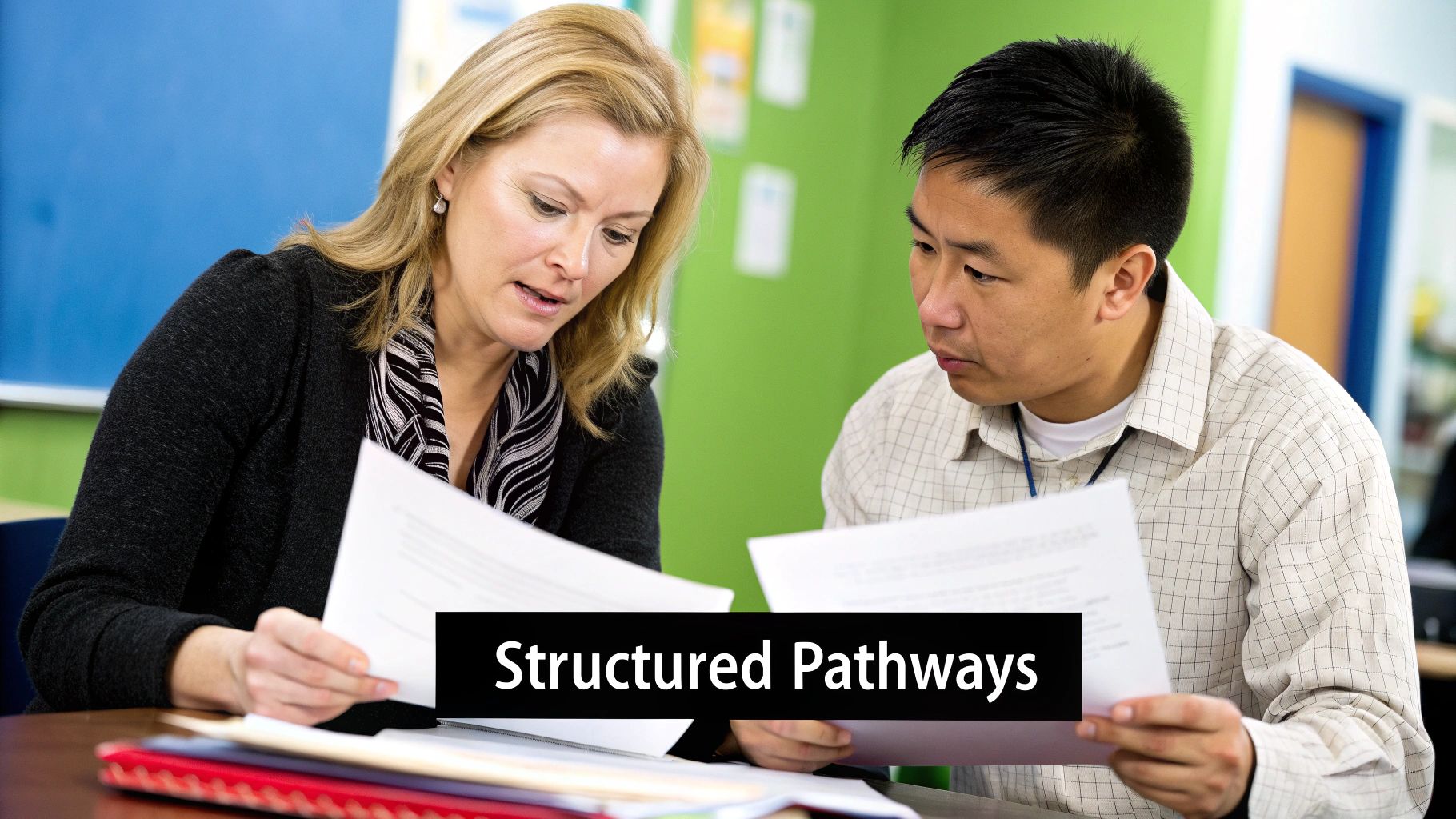 A teacher mentoring a colleague in a bright, modern classroom setting.