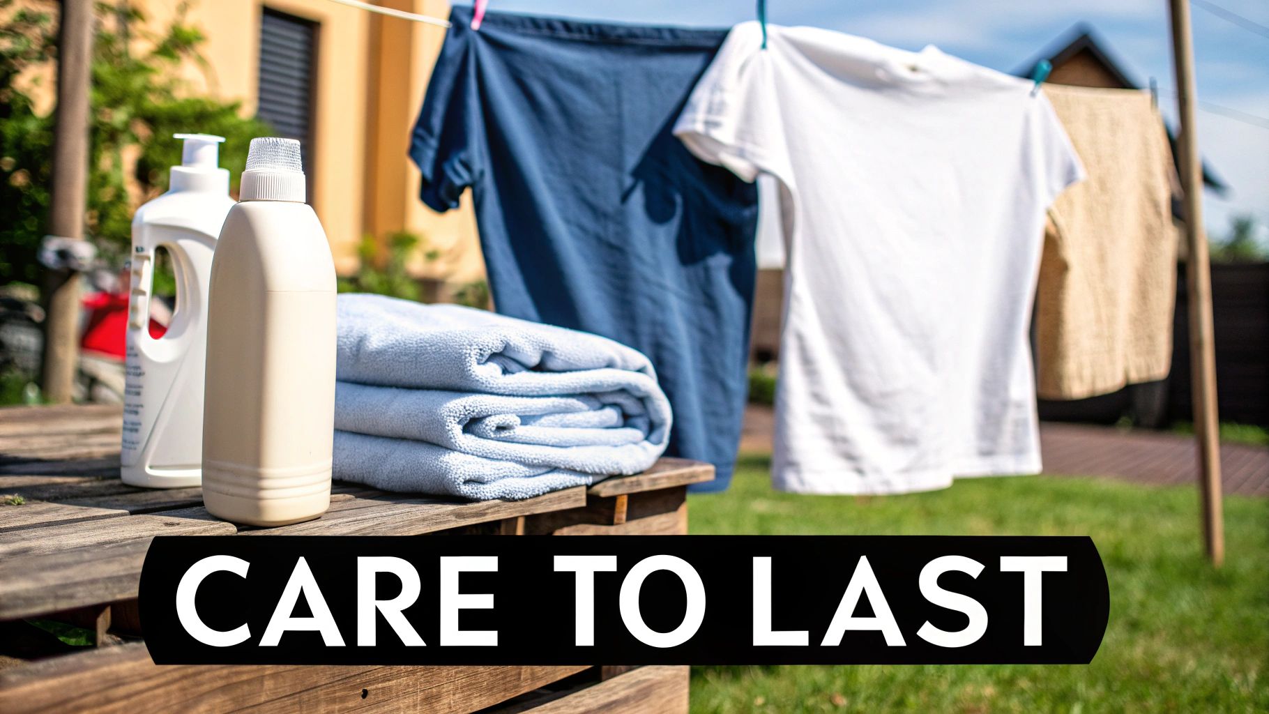 Bottles of laundry detergent and folded blue towels on a wooden table, with clothes drying outdoors.