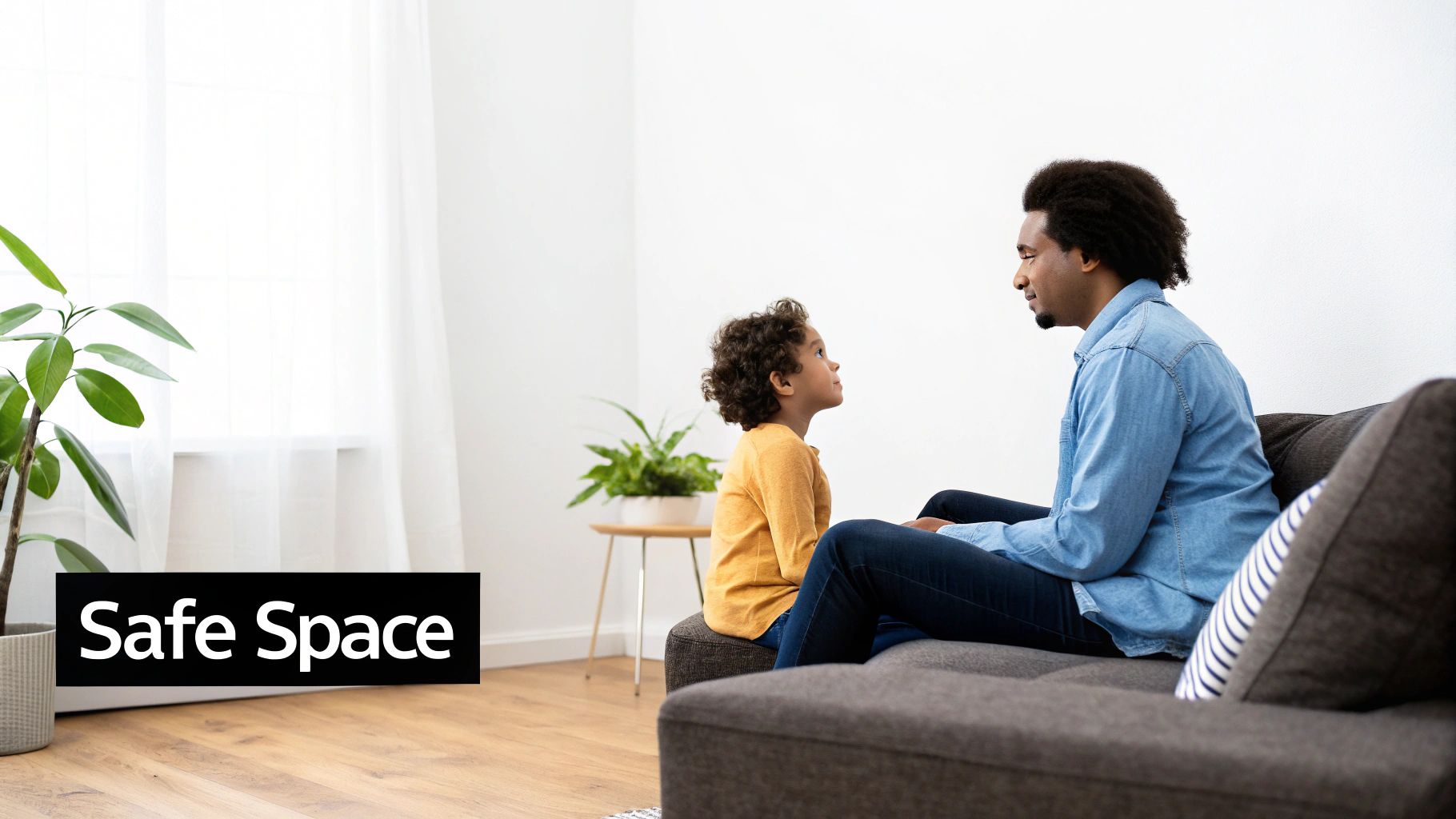 A man and a young child sit on a couch, facing each other, with the text 'Safe Space'.