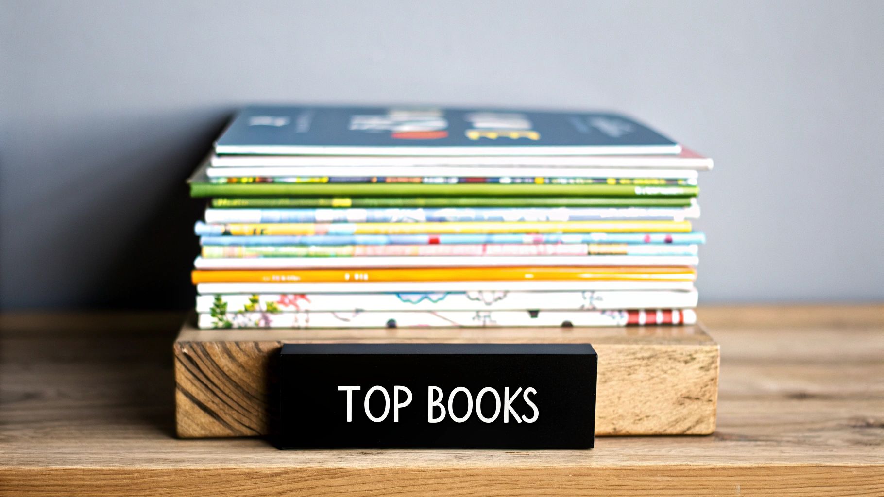 A colourful collection of children's books arranged neatly.