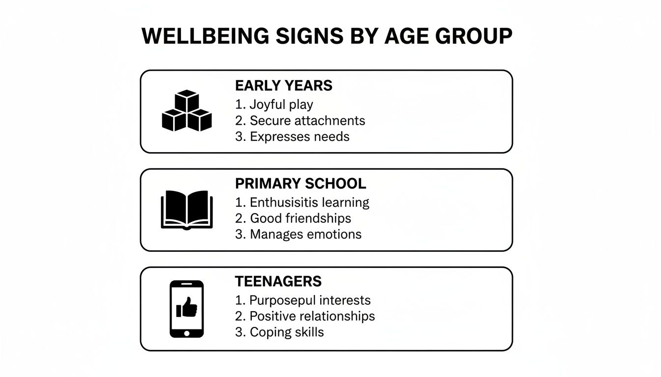 Wellbeing signs by age group: early years, primary school, and teenagers with descriptive points.