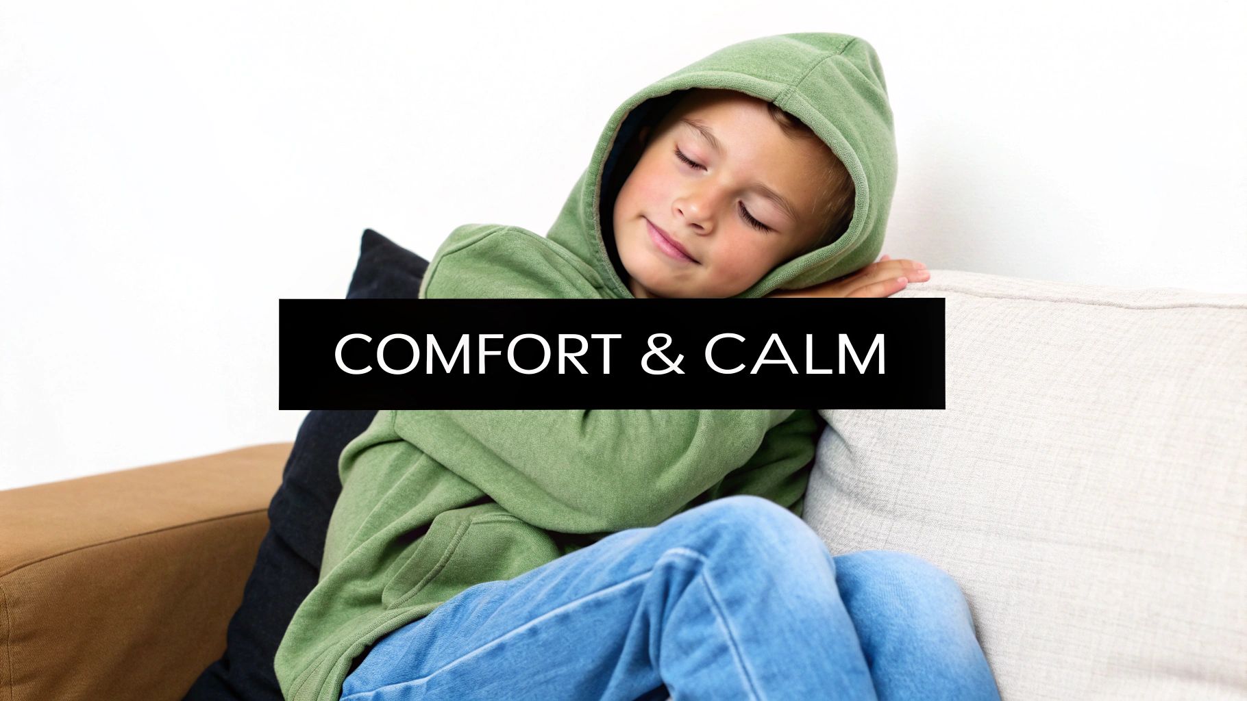 A young child wearing a green organic hoodie and blue jeans rests peacefully on a couch.