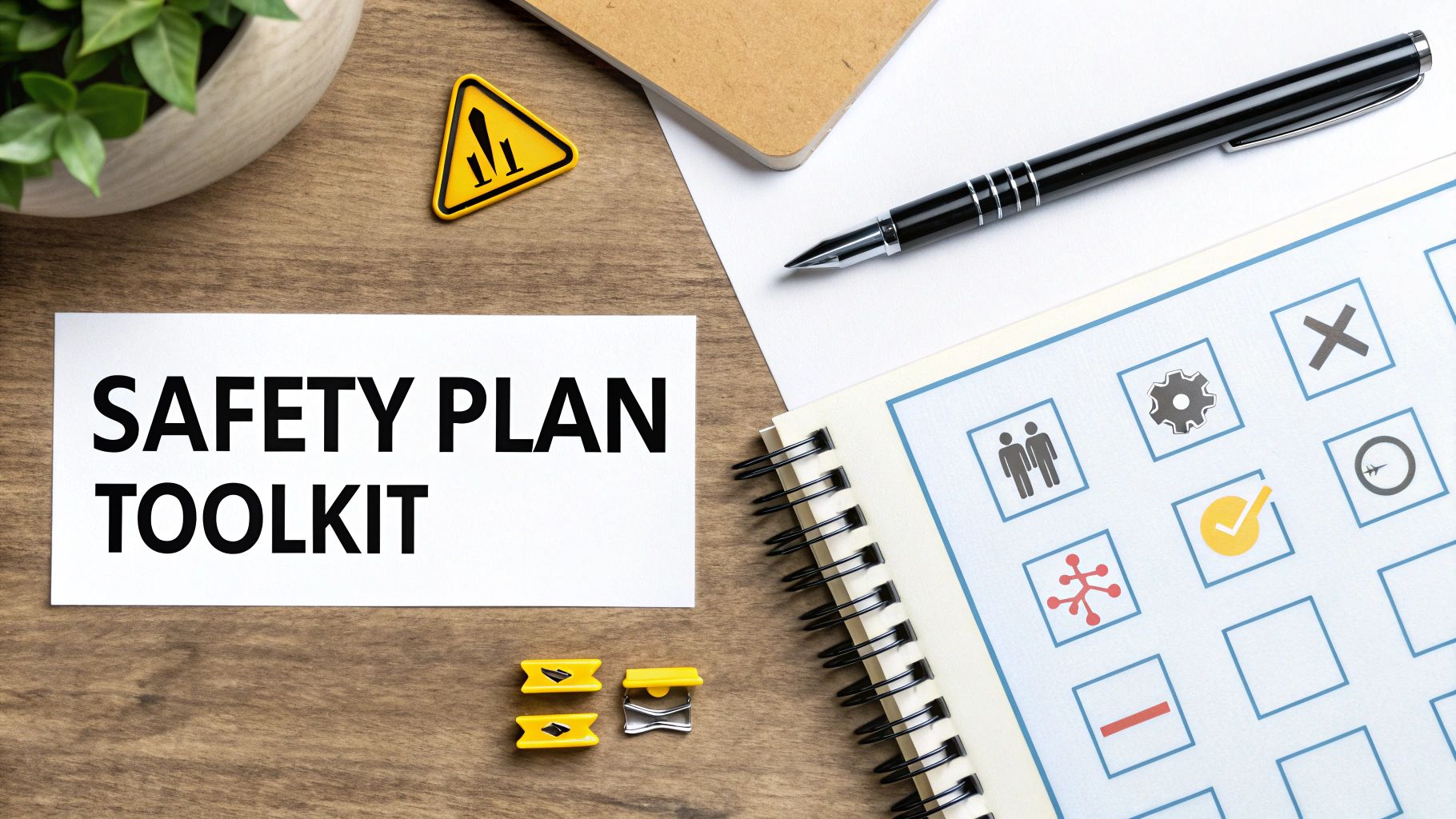 A desk flatlay with a 'SAFETY PLAN TOOLKIT' sign, a caution symbol, and a notebook with various safety-related icons.