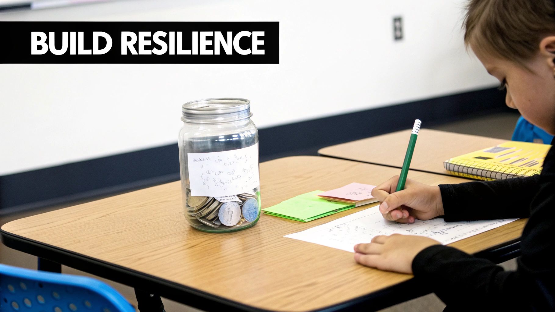Student building resilience by saving coins in jar while studying math at classroom desk