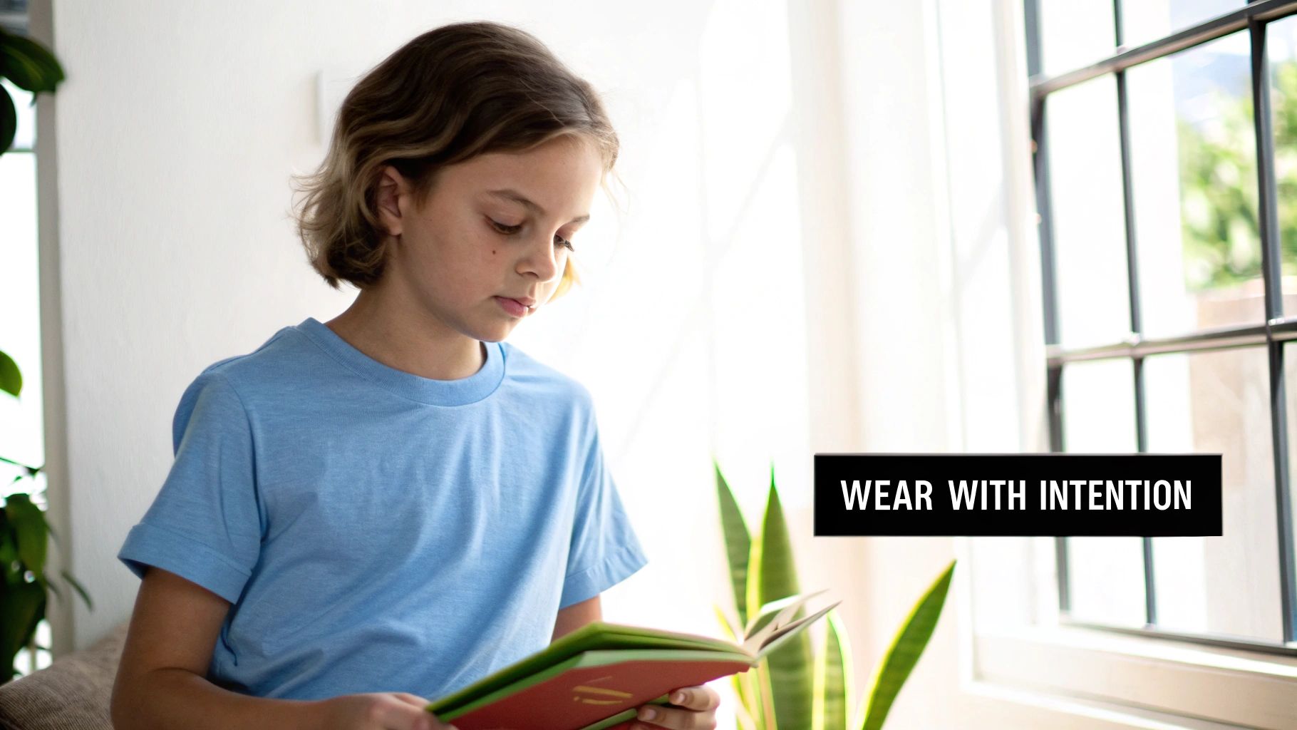 A young person in a light blue t-shirt reading a book by a bright window, bathed in natural light.