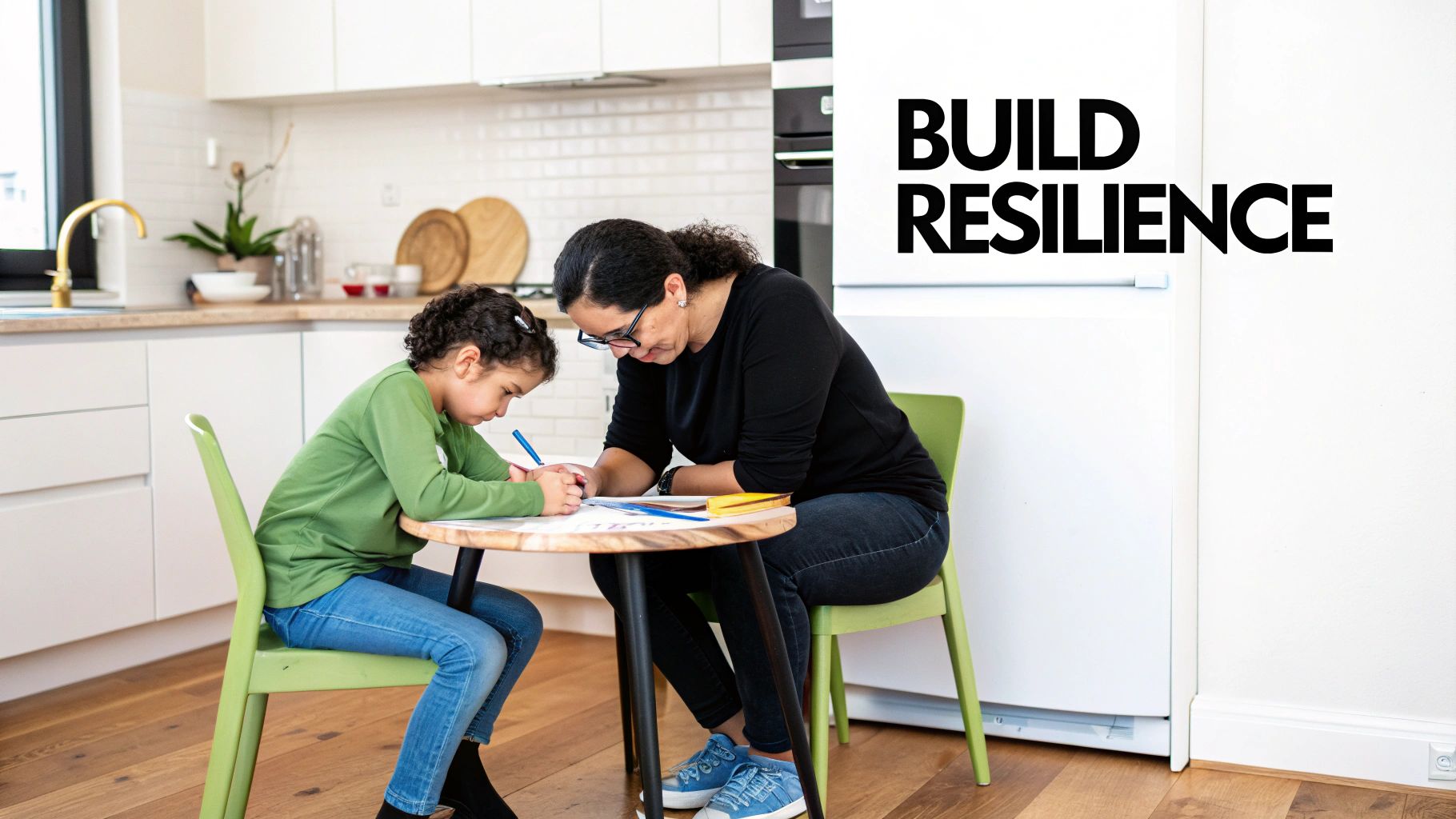 A mother and child at a kitchen table writing and learning together, promoting resilience.