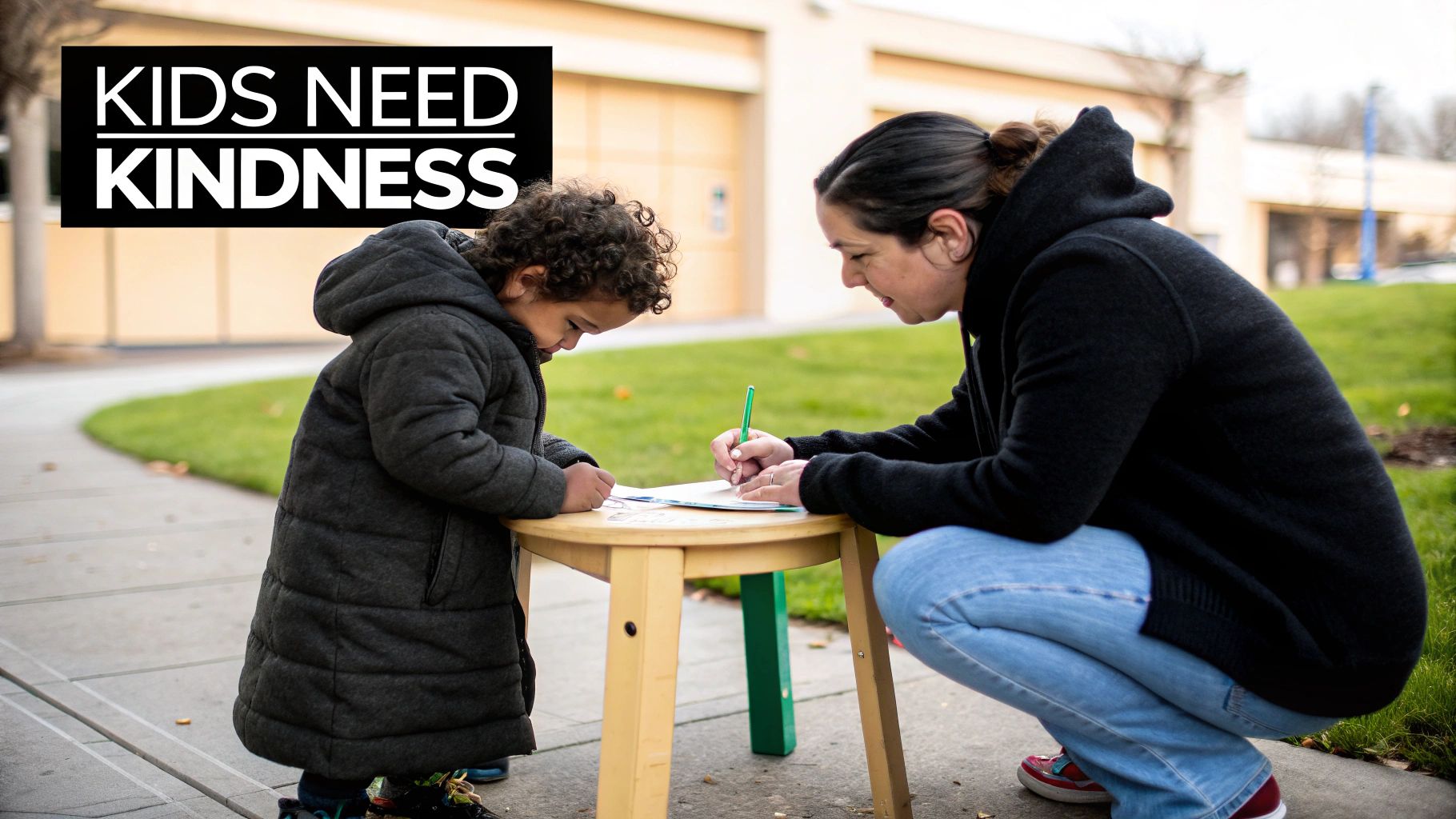 A child carefully places a favourite small toy into a beautifully decorated shoebox, creating a comfort box.