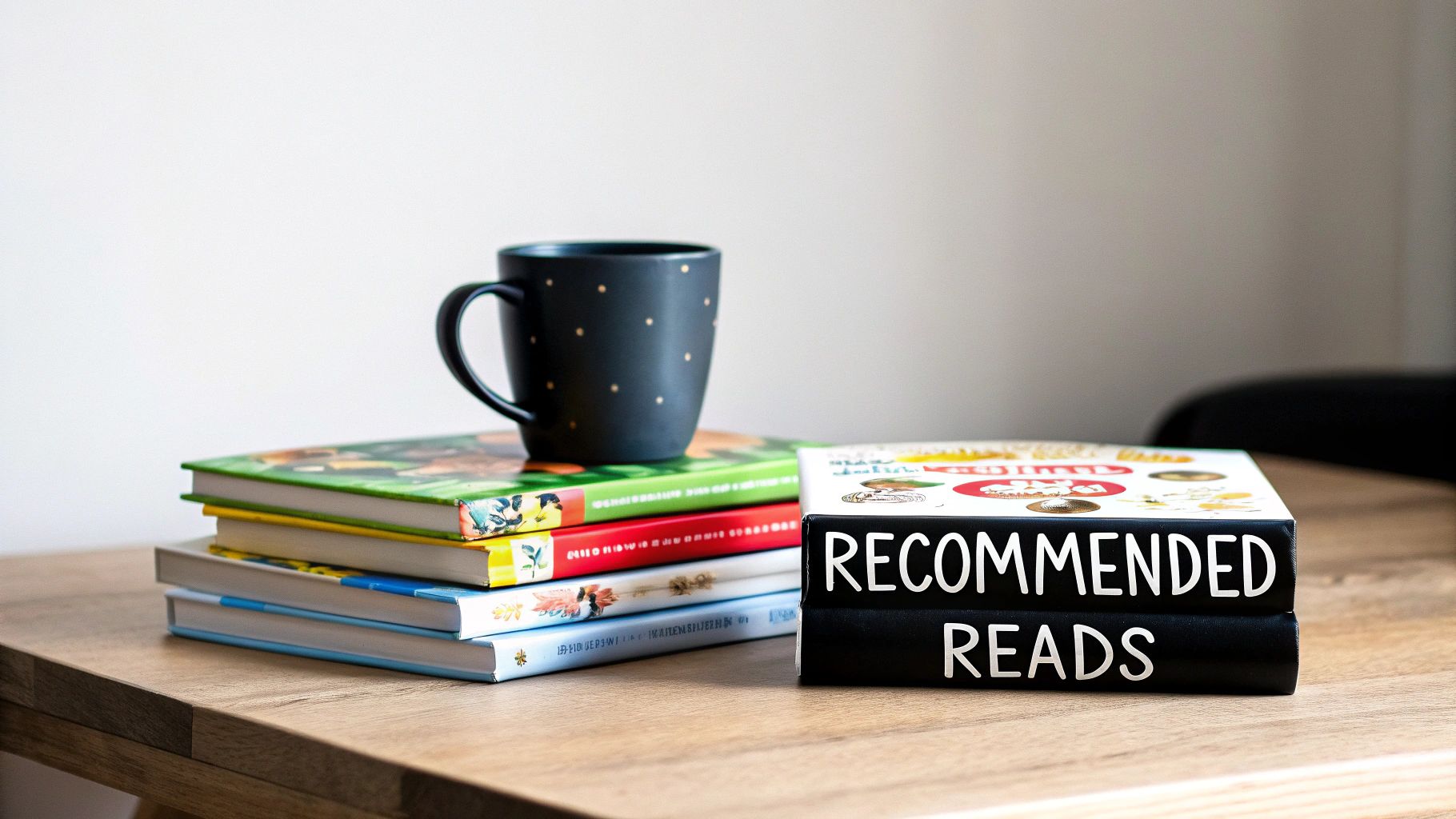 A cozy image featuring stacks of books, a spotted mug, and 'RECOMMENDED READS' on a wooden table.
