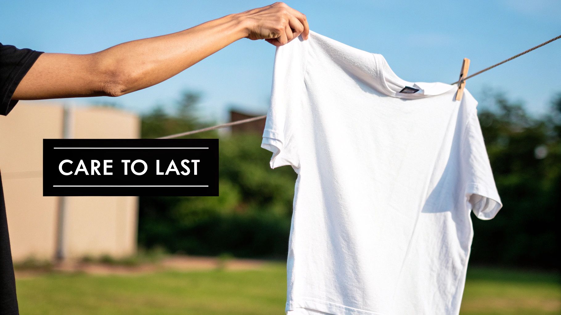 A person's hand hangs a fresh white t-shirt on a clothesline under a clear blue sky.