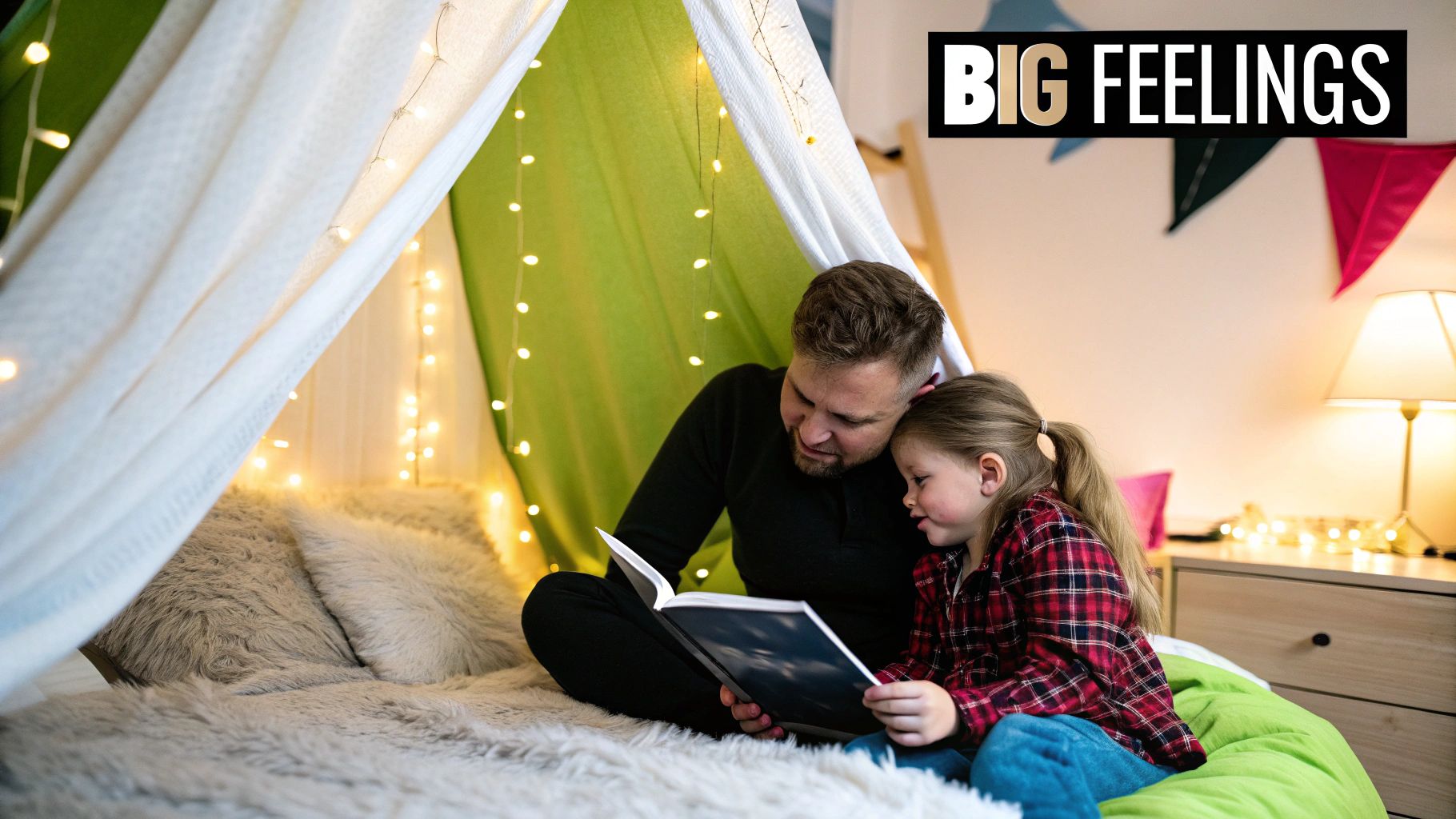 A child happily reading a colourful book in a cosy setting.