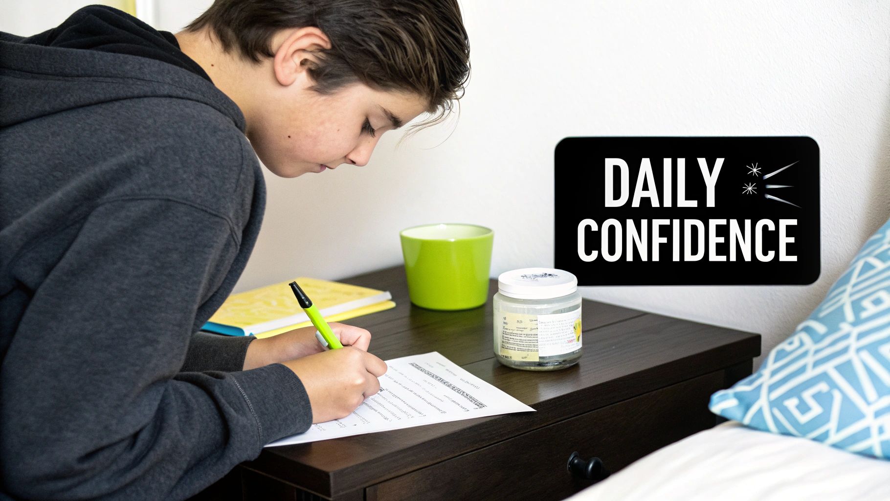 A young person writes in a journal in a calm, sunlit room, focusing on building positive daily habits.
