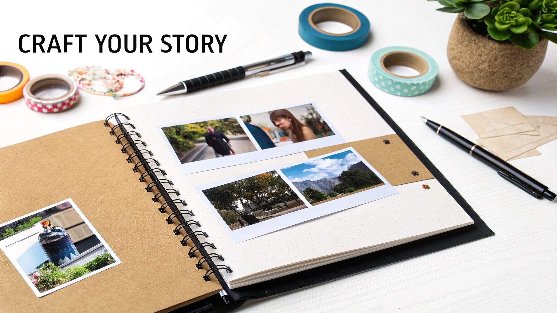 An open scrapbook with instant photos, washi tape, and pens on a white table, encouraging storytelling.