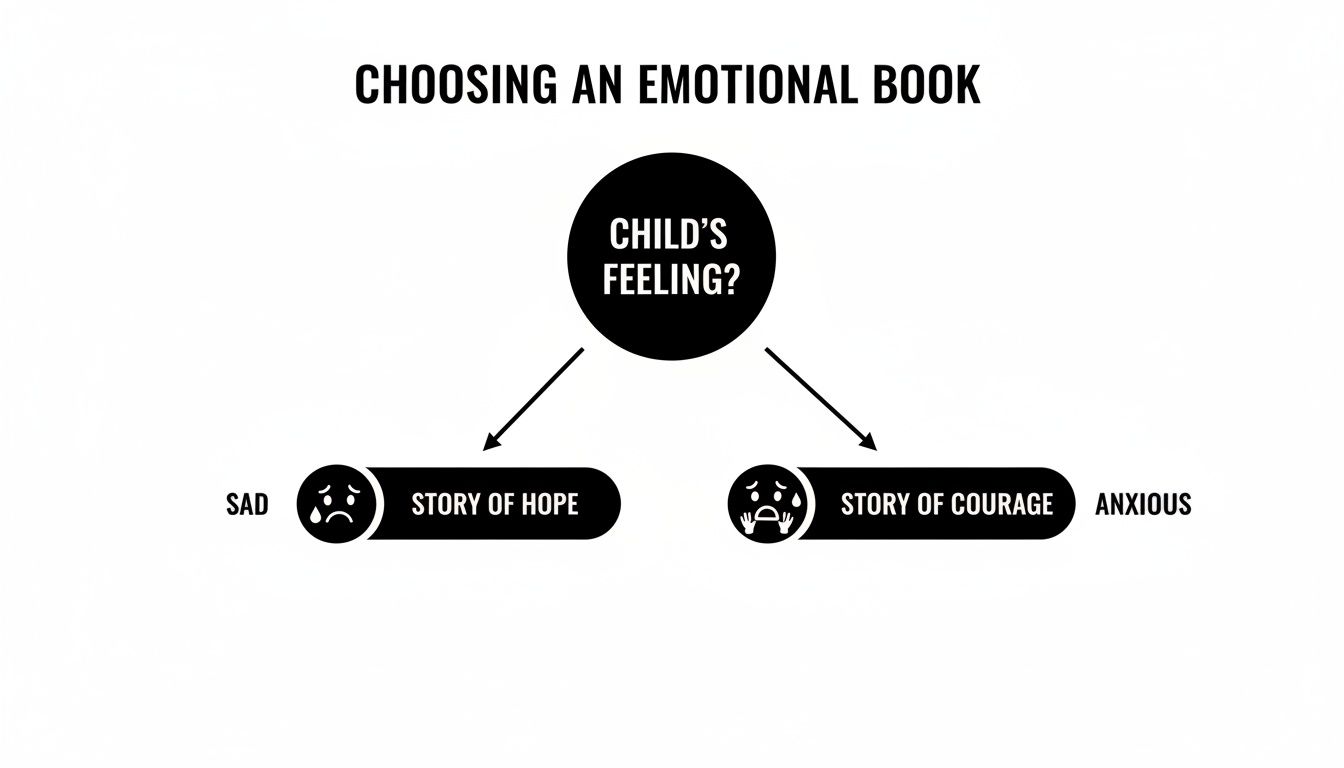 Flowchart guiding the selection of emotional children's books based on sadness or anxiety.