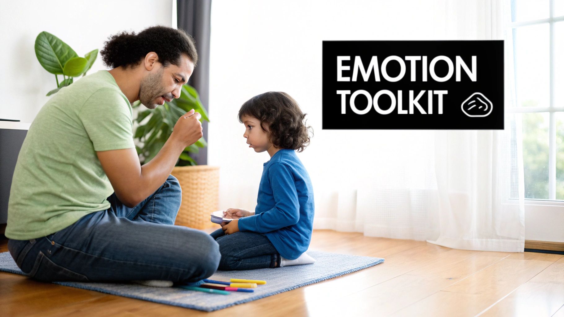 Father and child practicing emotional development activities together on floor with emotion toolkit sign