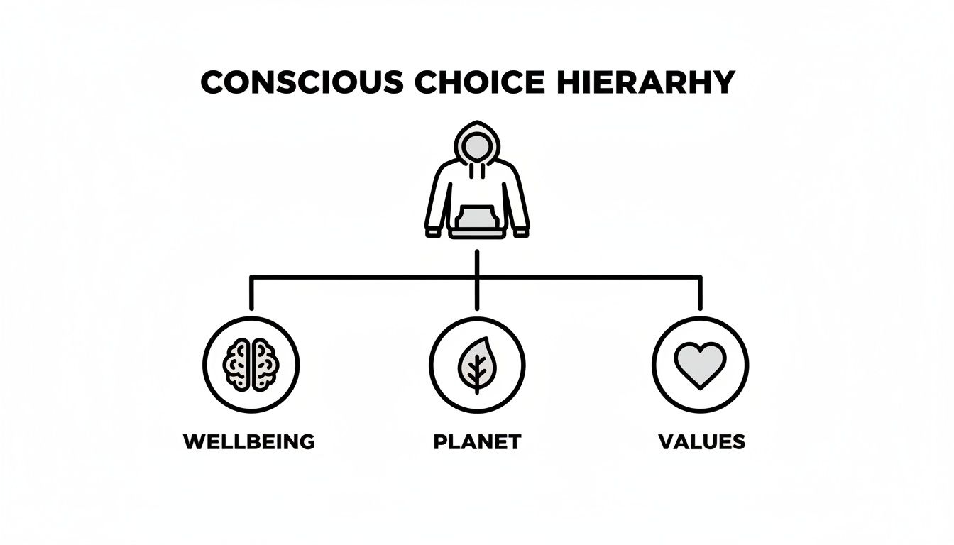 A Conscious Choice Hierarchy diagram showing a person in a hoodie connected to wellbeing, planet, and values.