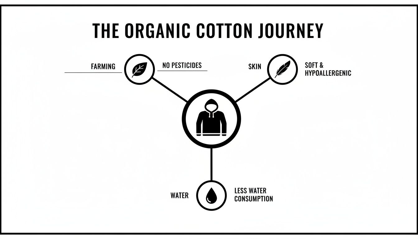 Infographic illustrating the journey and benefits of organic cotton: no pesticides, soft for skin, and less water consumption.