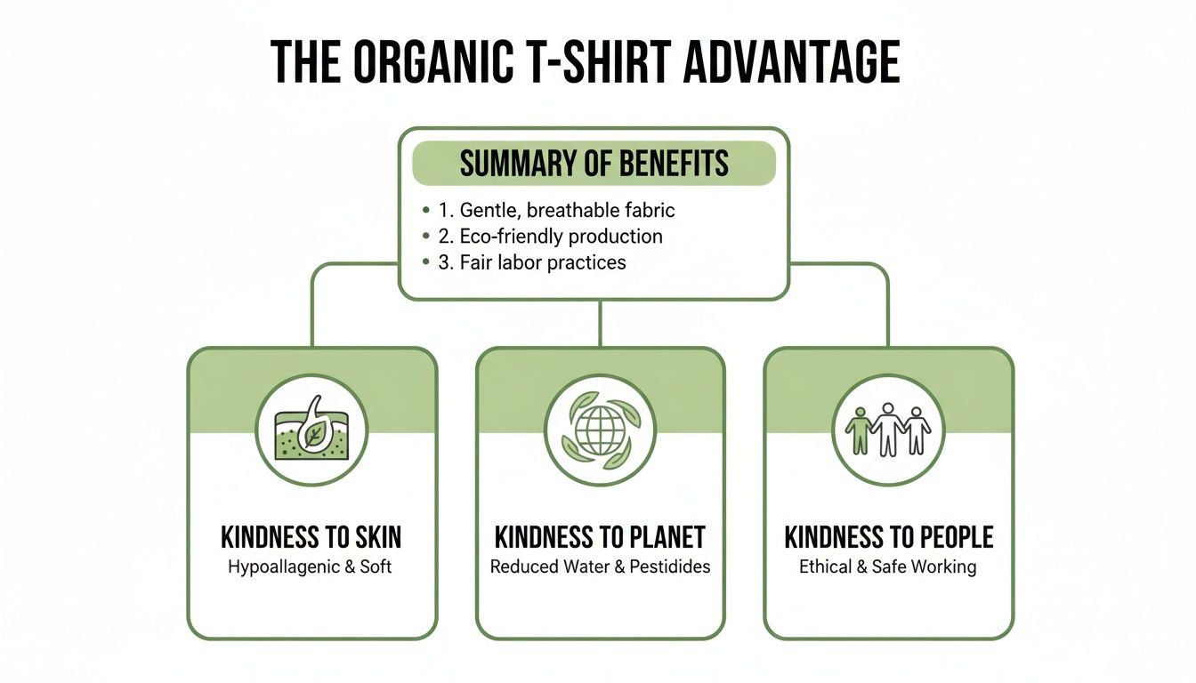 Diagram illustrating organic T-shirt advantages, including benefits for skin, planet, and people through ethical practices.