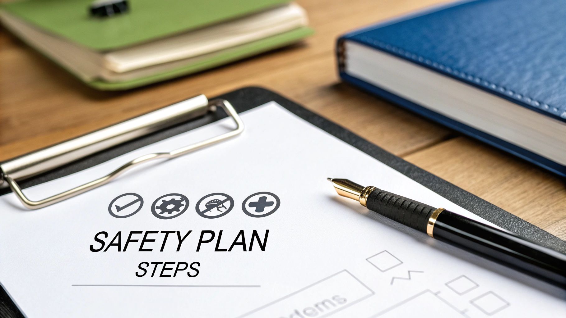 A safety plan document titled 'SAFETY PLAN STEPS' with icons, a pen, and notebooks.