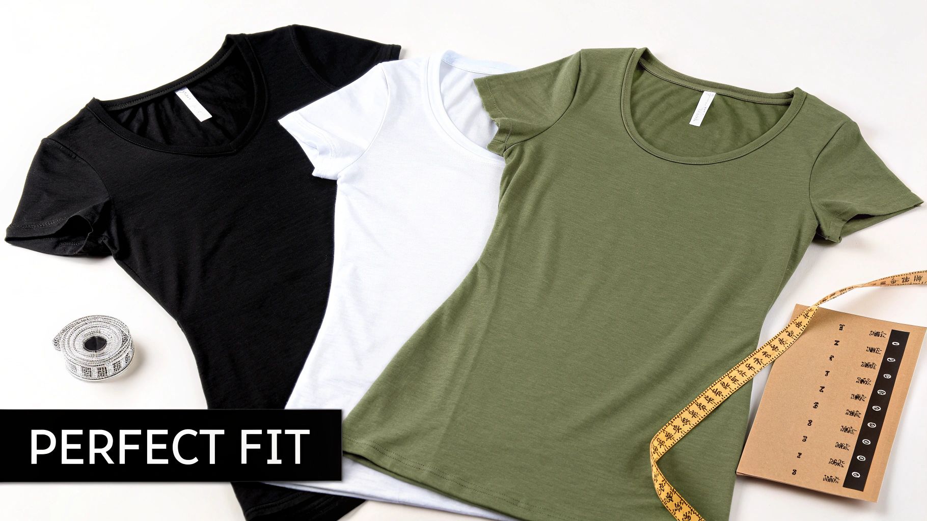 Three women's short-sleeved cotton tee shirts in black, white, and olive green, with a measuring tape and size guide.