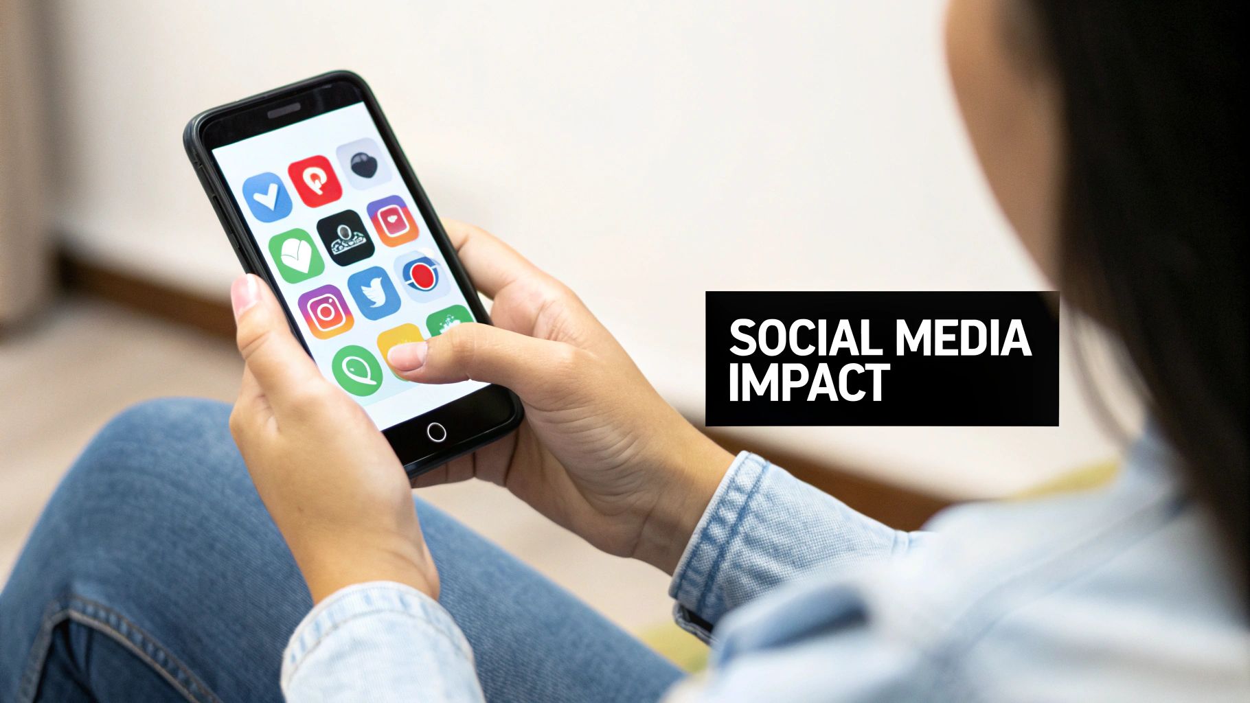 A person thoughtfully looking at their smartphone, with a mix of positive and negative social media icons floating around them.