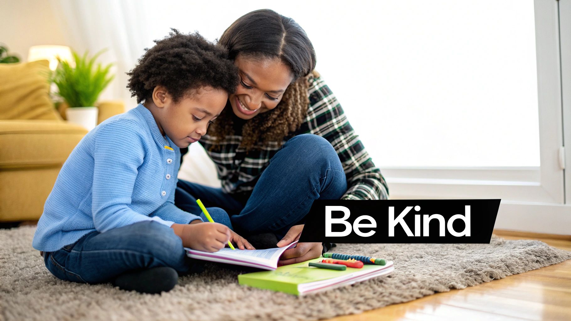 A smiling mother and her child drawing together on a rug, promoting kindness.