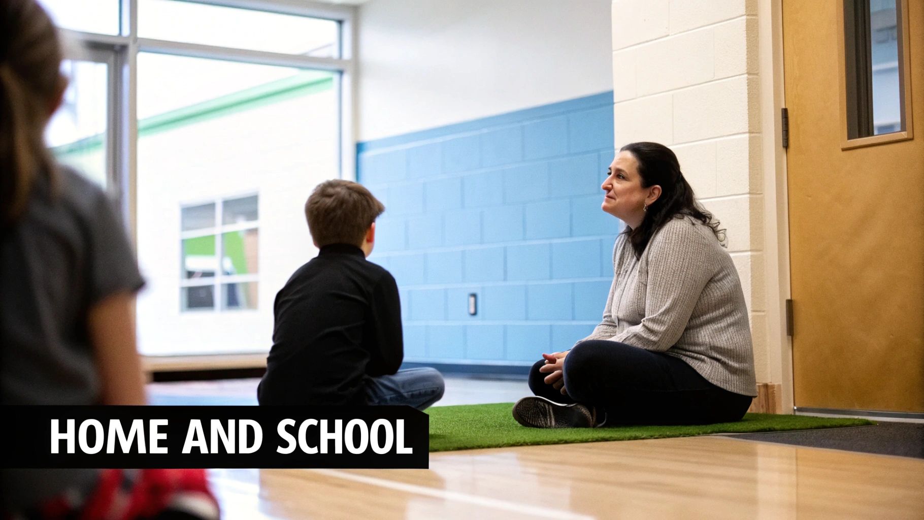 An adult woman and a young boy sit on a green mat in a bright school hallway, engaged in conversation.