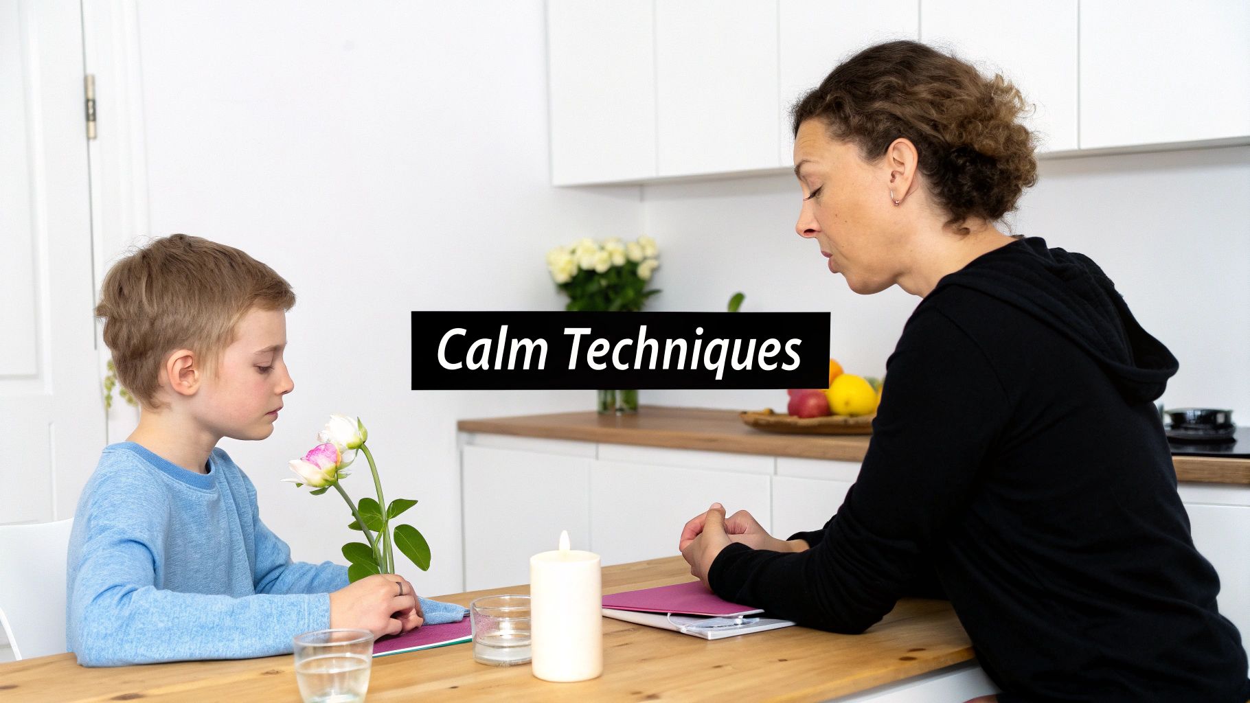 A woman and a child engaging in calm techniques at a table with flowers and a candle.