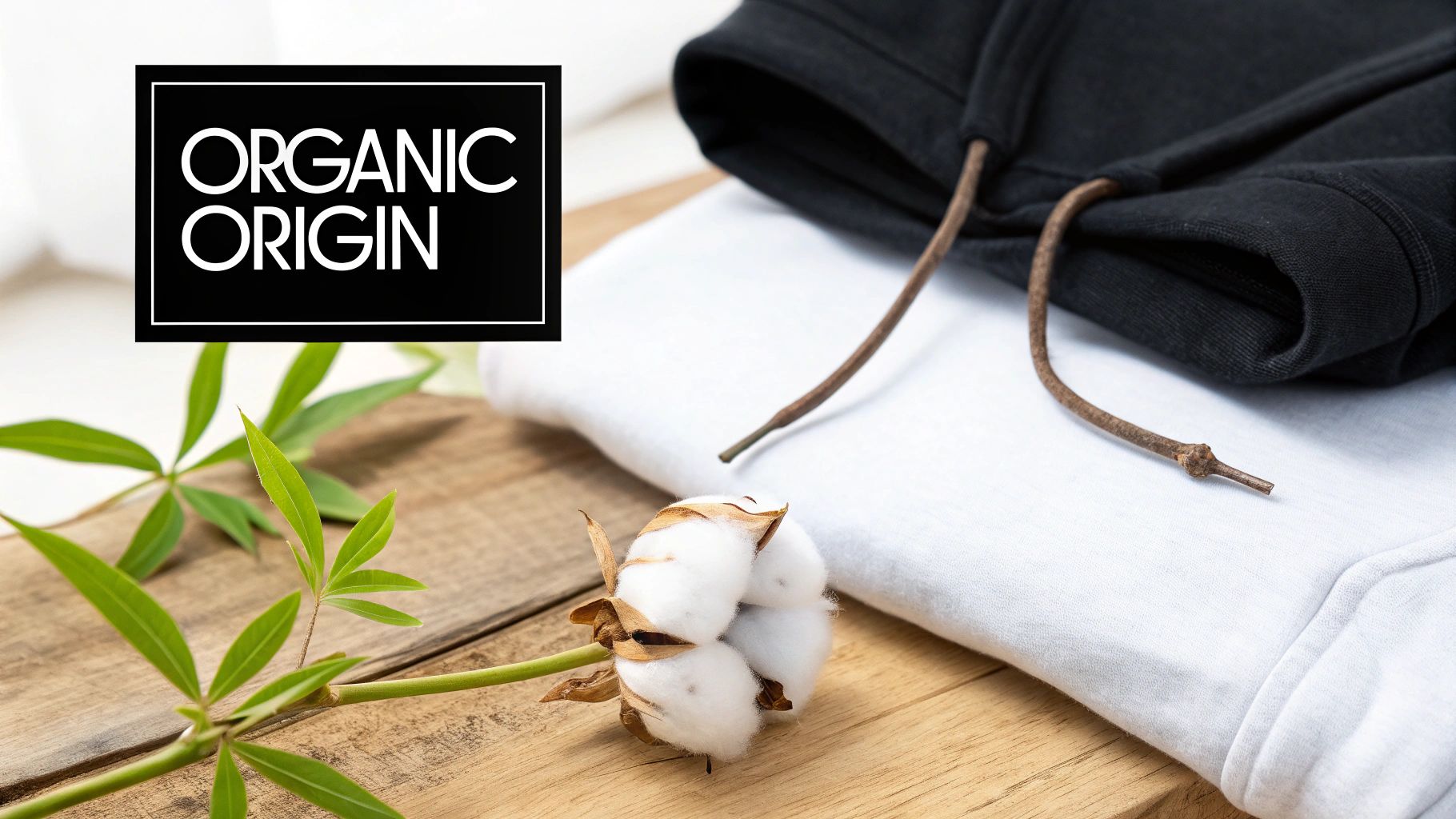 Organic cotton apparel, featuring a black and white hoodie, a cotton boll, and green foliage on wood.