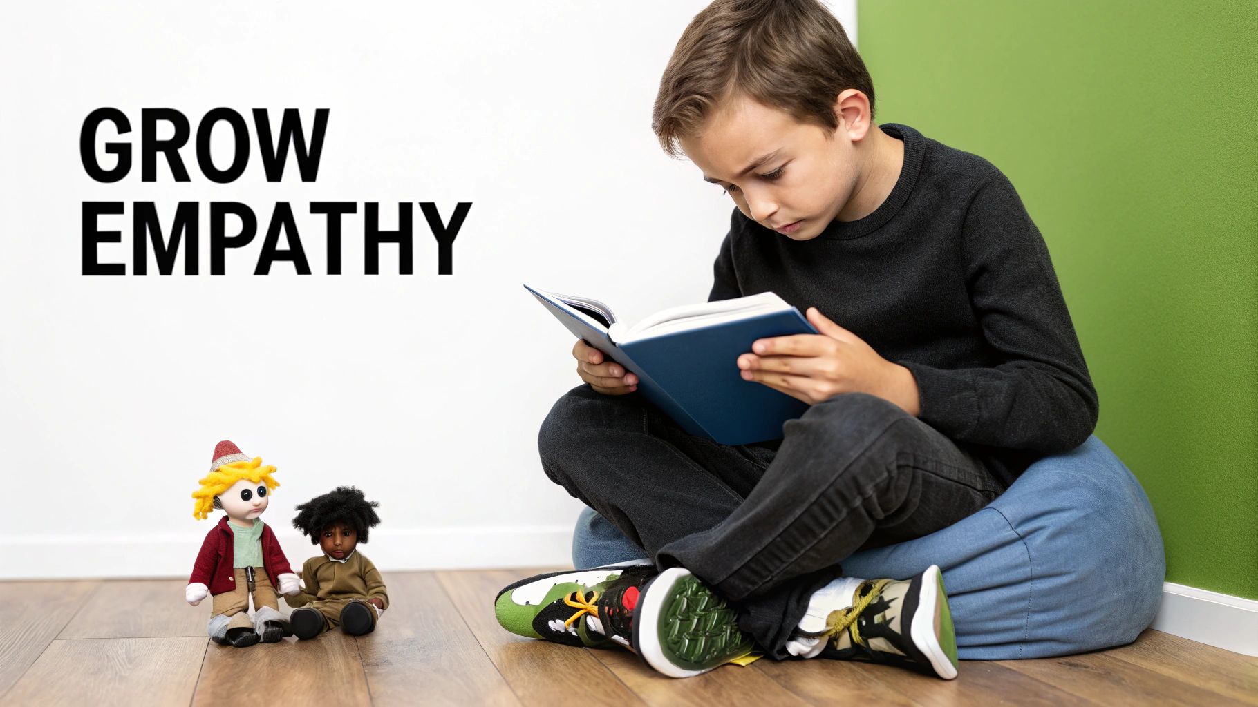 A child sitting comfortably and reading a book with a thoughtful expression