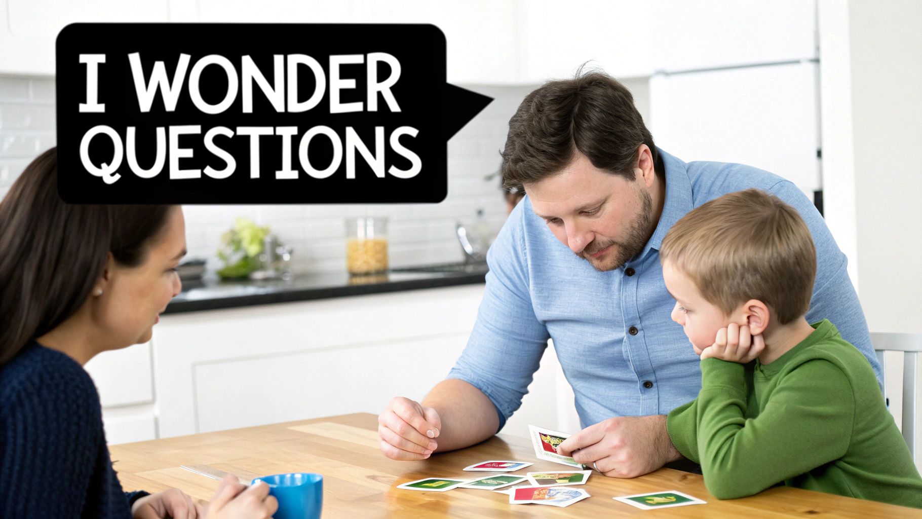 A family of three playing a card game at a table, with an "I WONDER QUESTIONS" speech bubble.