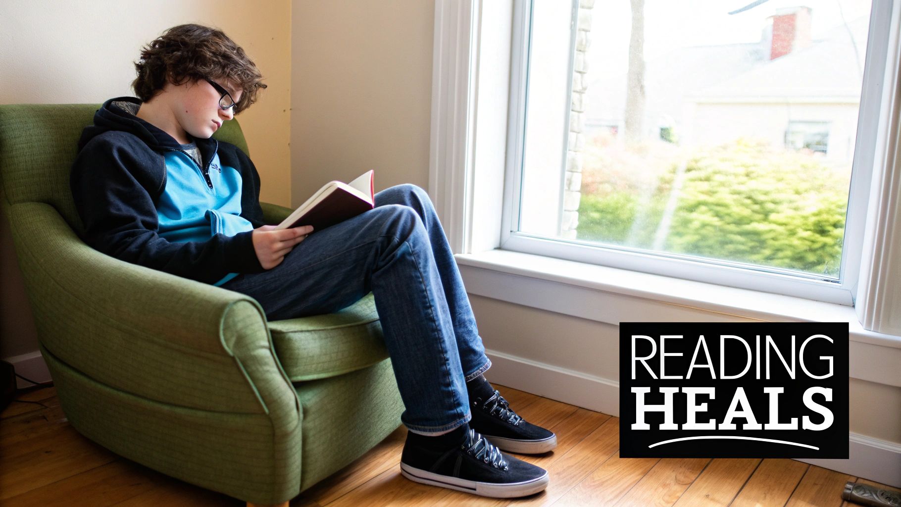 A teenage boy reads a book in a green armchair by a window, with "Reading Heals" text overlay.